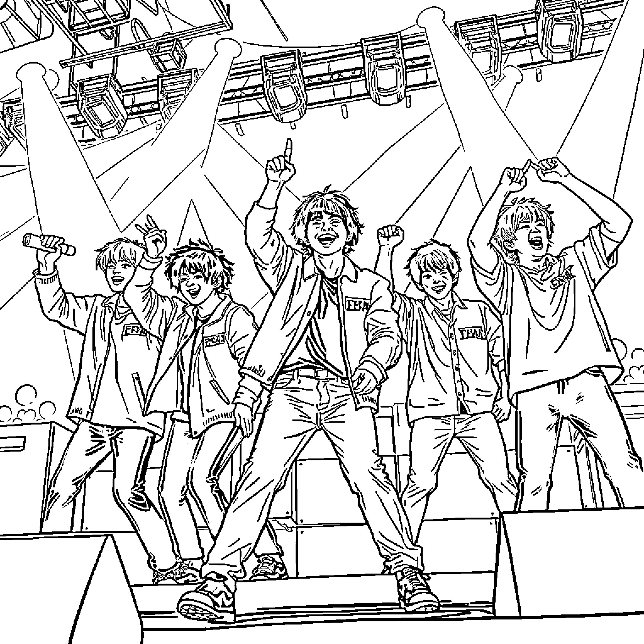 Stray Kids Performing Energetically on Stage Coloring Page (free black-and-white line drawing printable PDF for all, from beginners to advanced learners, including children, teens, adults, and seniors)
