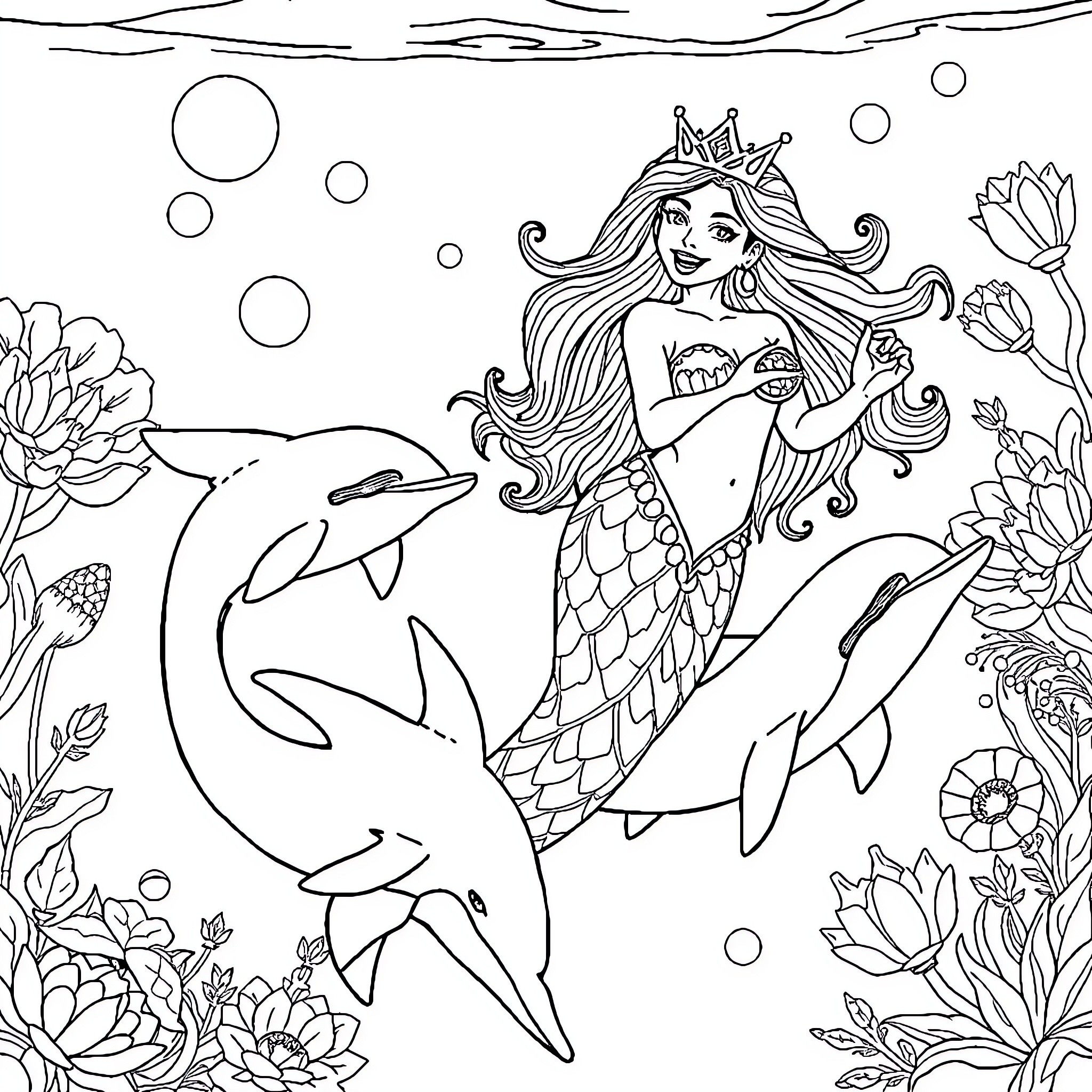 Sirène swimming with dolphins in the ocean Coloring Page (free black-and-white line drawing printable PDF for all, from beginners to advanced learners, including children, teens, adults, and seniors)