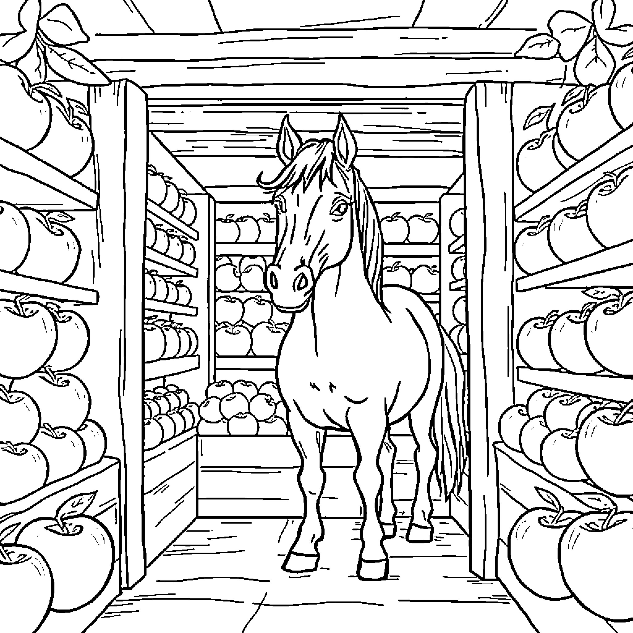 Horse standing in a cozy barn Coloring Page (free black-and-white line drawing printable PDF for all, from beginners to advanced learners, including children, teens, adults, and seniors)