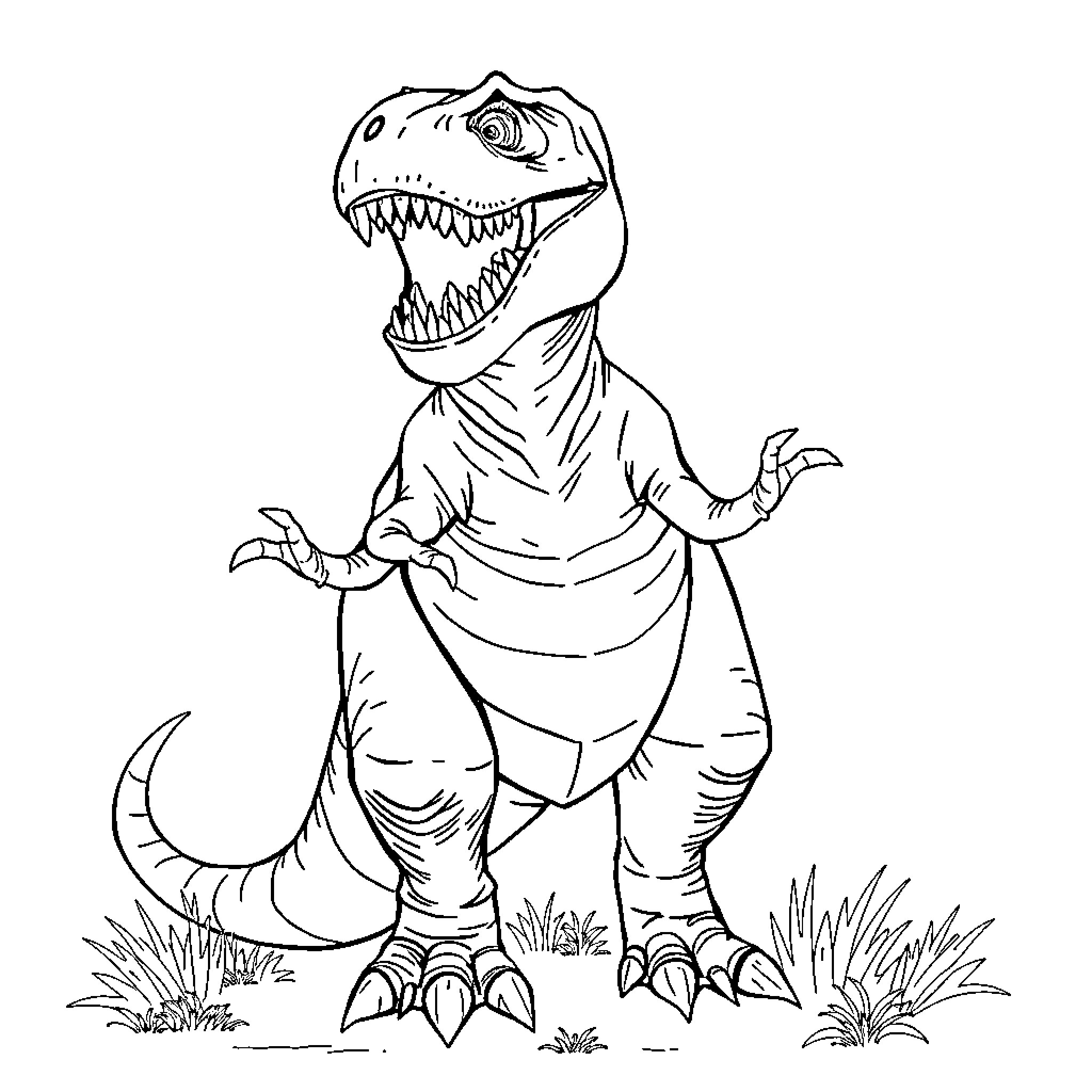 T-Rex roaring fiercely in the wild Coloring Page (free black-and-white line drawing printable PDF for all, from beginners to advanced learners, including children, teens, adults, and seniors)