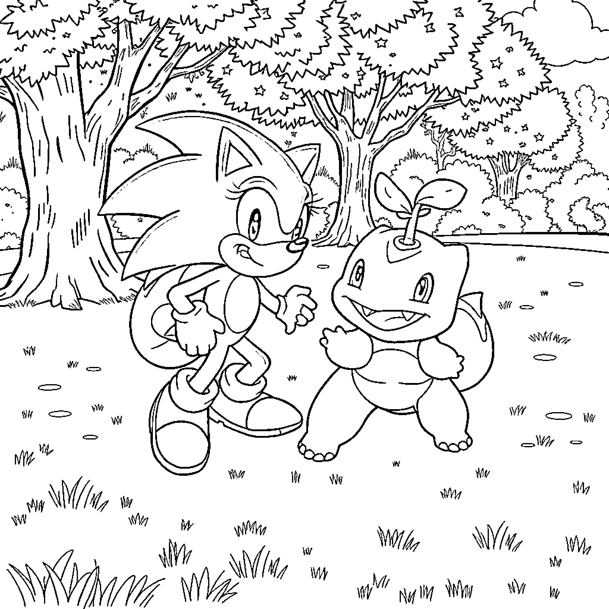 Bulbasaur and Sonic playing together in the forest Coloring Page (free black-and-white line drawing printable PDF for all, from beginners to advanced learners, including children, teens, adults, and seniors)