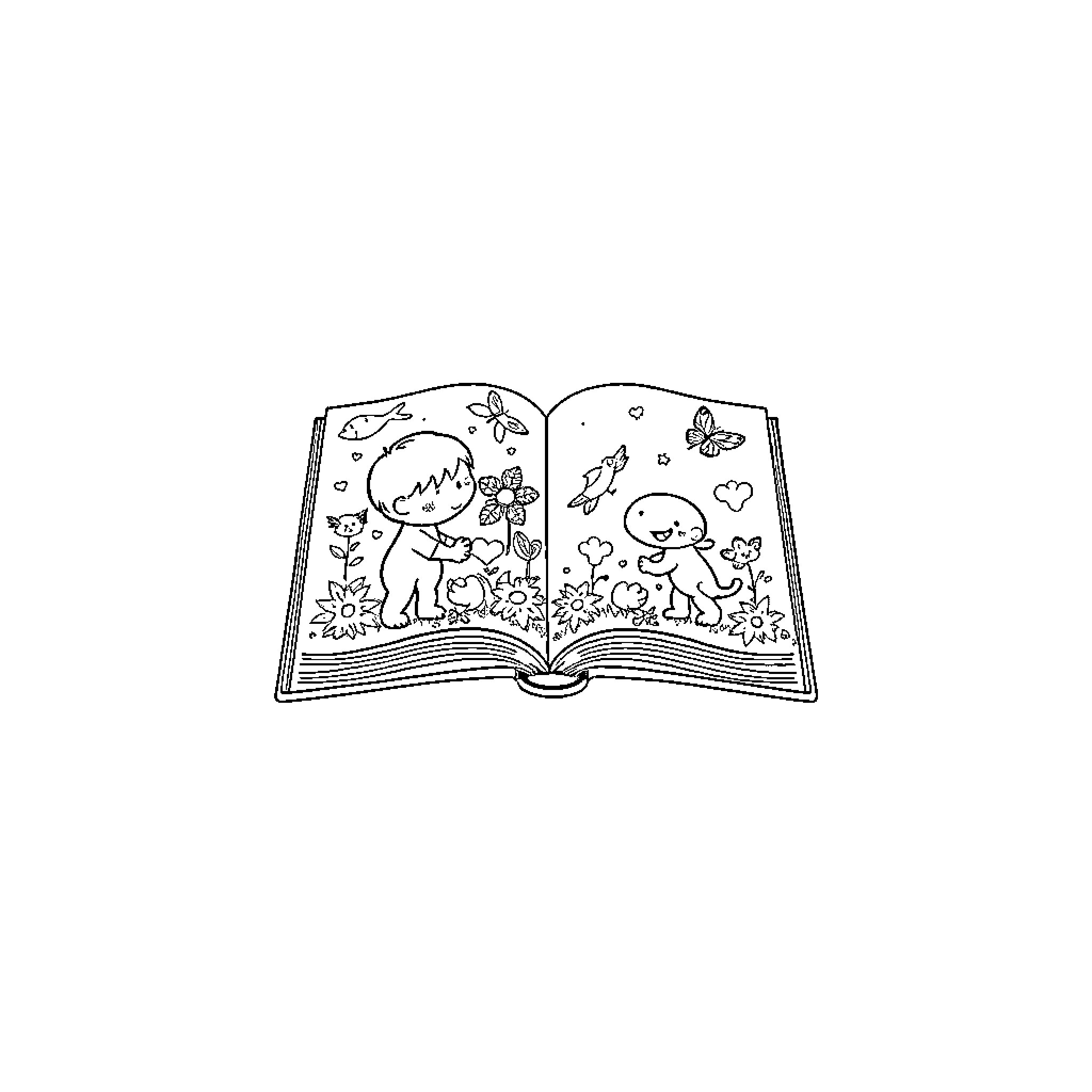 Book of Whimsical Illustrations with Characters Coloring Page (free black-and-white line drawing printable PDF for all, from beginners to advanced learners, including children, teens, adults, and seniors)