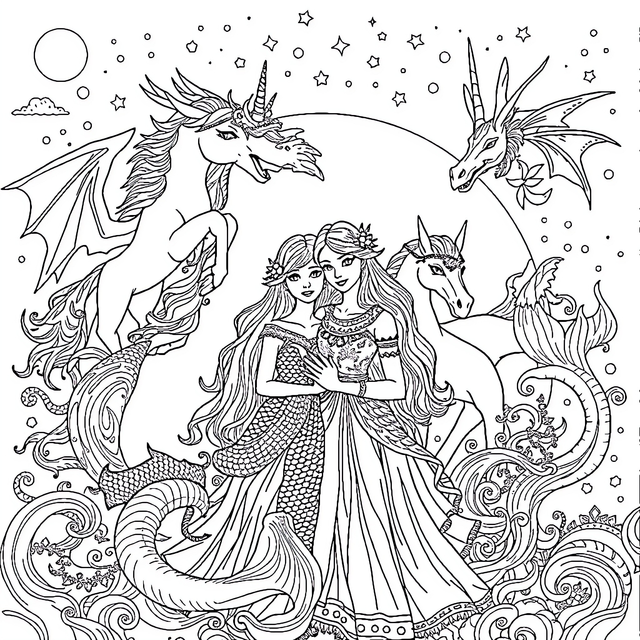 Sisters in a Mystical Fantasy Realm Coloring Page (free black-and-white line drawing printable PDF for all, from beginners to advanced learners, including children, teens, adults, and seniors)
