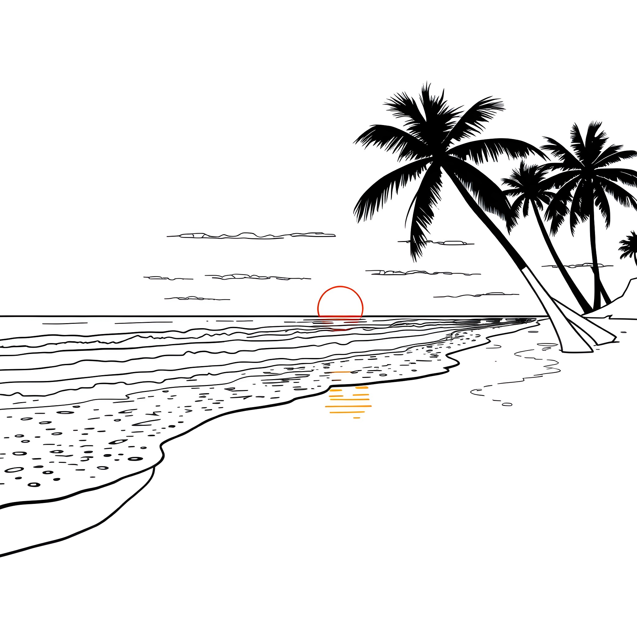 Sunset by the beach with palm trees Coloring Page (free black-and-white line drawing printable PDF for all, from beginners to advanced learners, including children, teens, adults, and seniors)