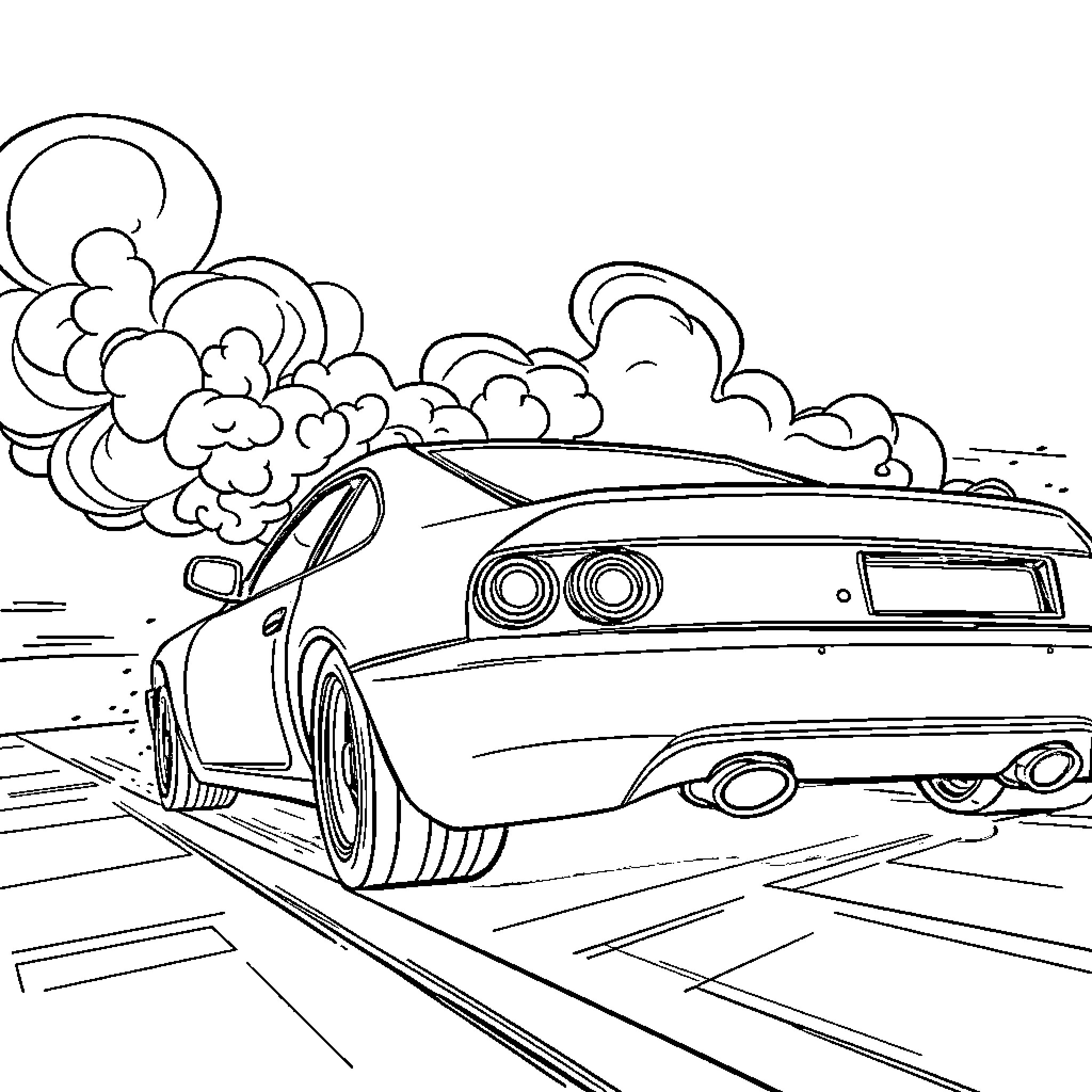 Car speeding through dramatic clouds Coloring Page (free black-and-white line drawing printable PDF for all, from beginners to advanced learners, including children, teens, adults, and seniors)