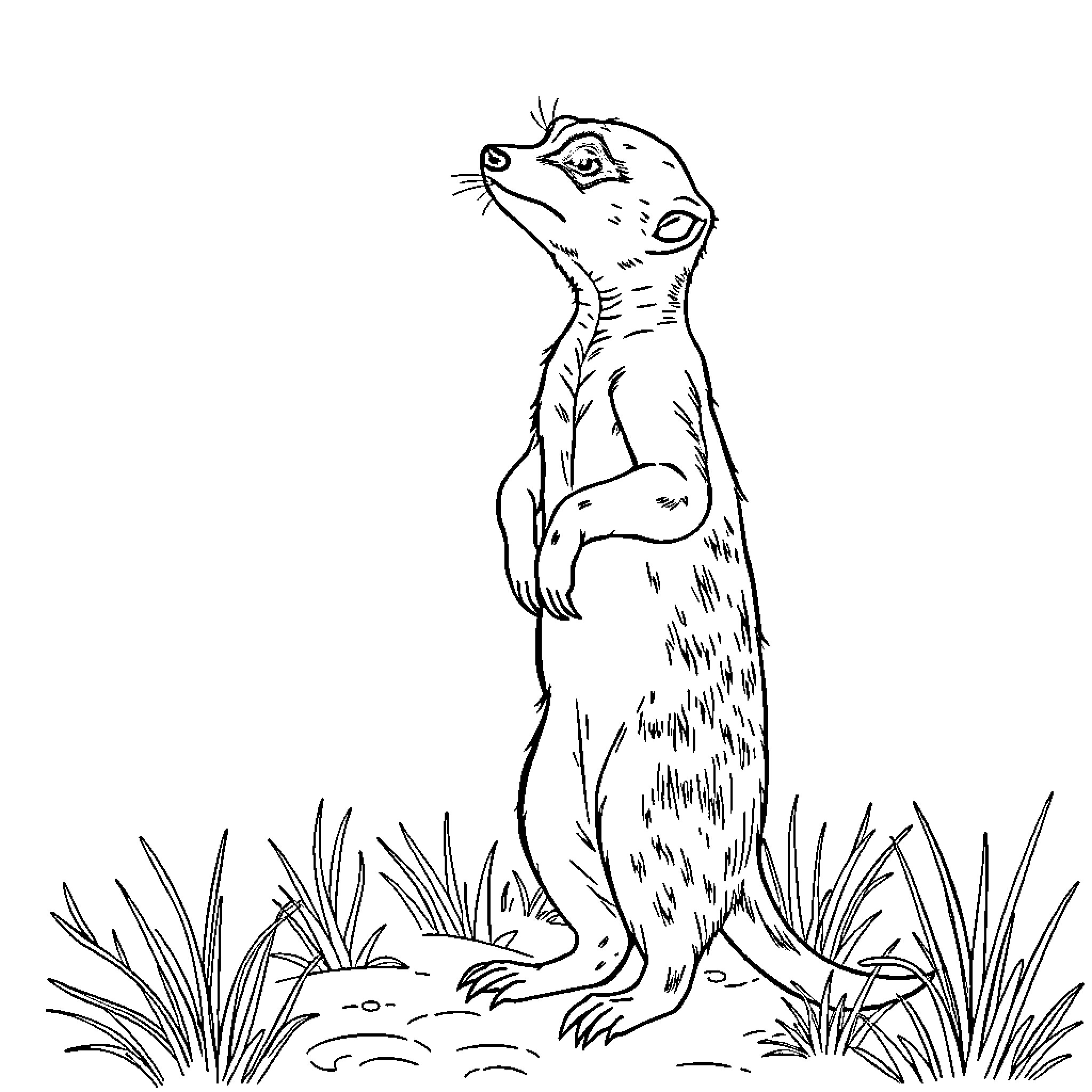 Meerkat standing alert in grassy habitat Coloring Page (free black-and-white line drawing printable PDF for all, from beginners to advanced learners, including children, teens, adults, and seniors)