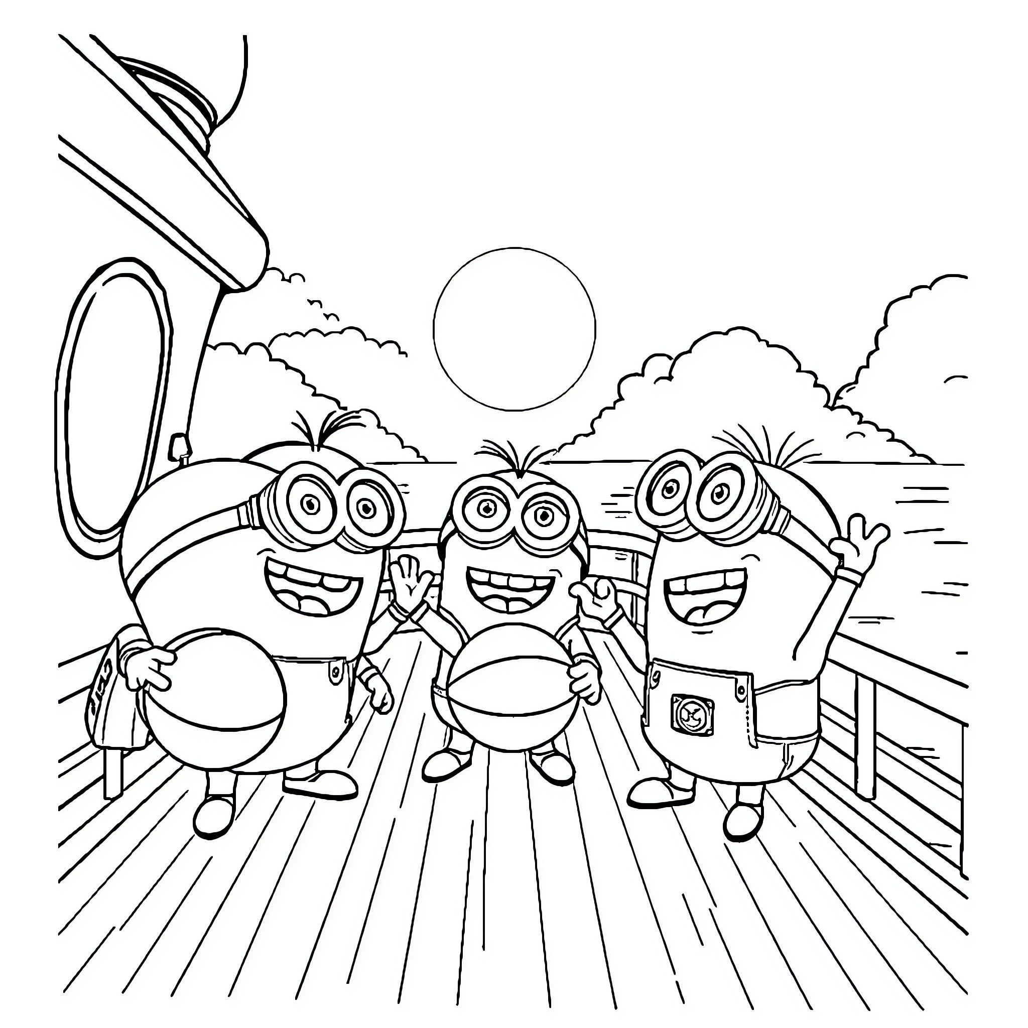 Minions enjoying an outdoor adventure Coloring Page (free black-and-white line drawing printable PDF for all, from beginners to advanced learners, including children, teens, adults, and seniors)