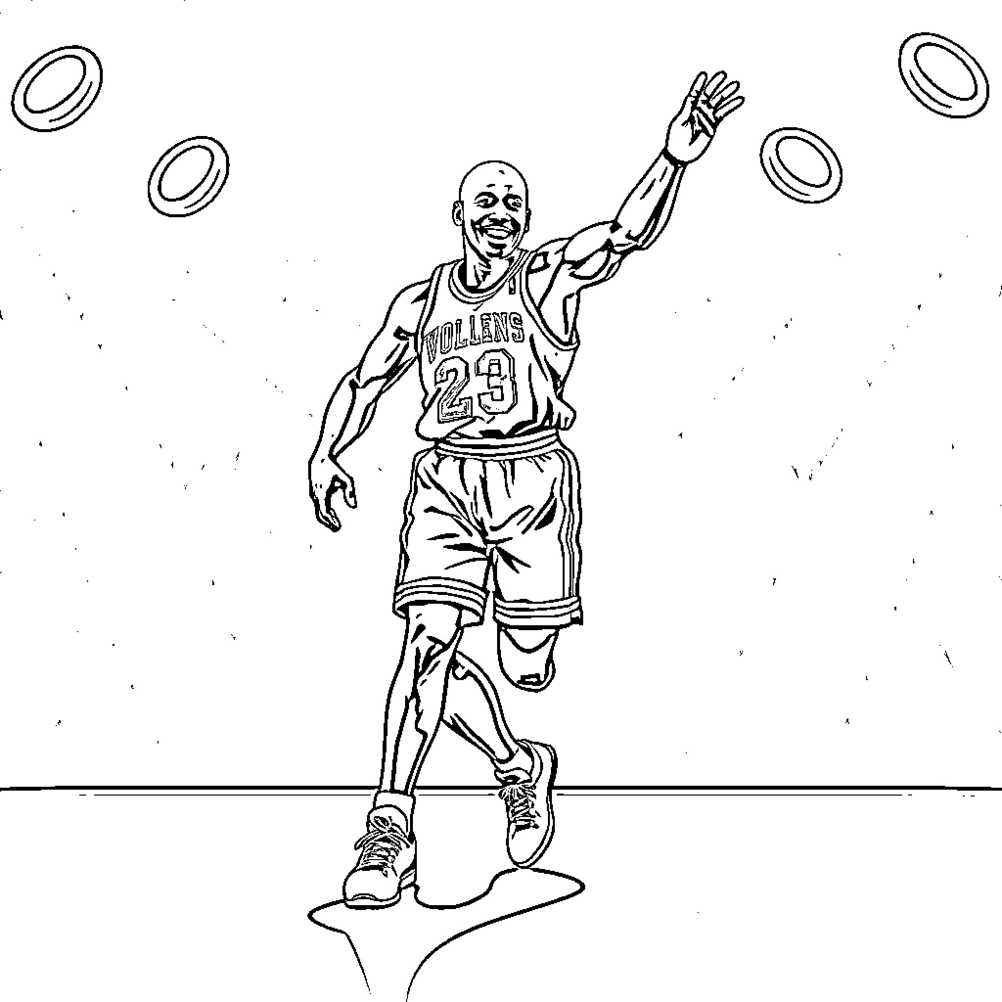 Michael Jordan celebrating basketball victory Coloring Page (free black-and-white line drawing printable PDF for all, from beginners to advanced learners, including children, teens, adults, and seniors)