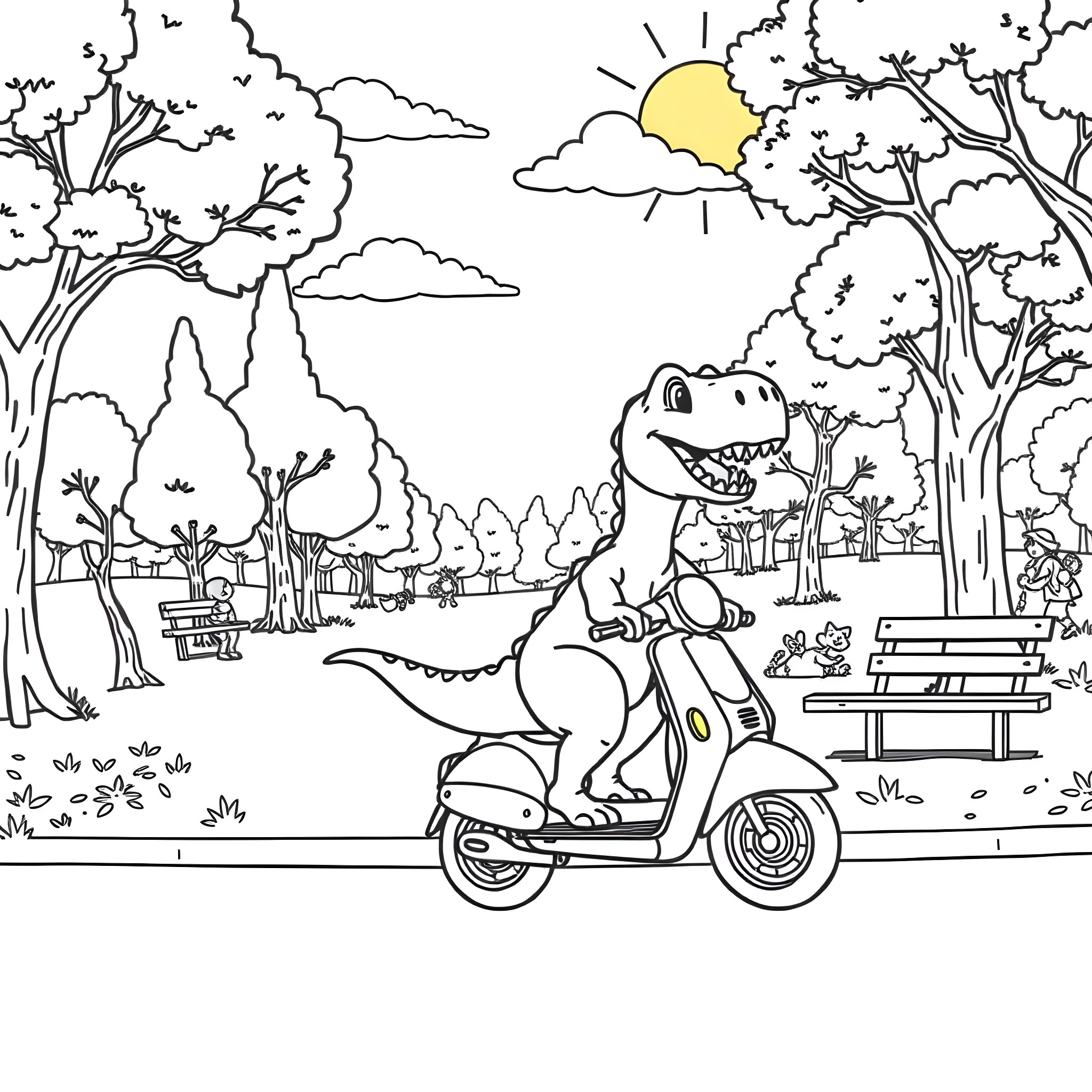 Dinosaur riding a scooter in a scenic park Coloring Page (free black-and-white line drawing printable PDF for all, from beginners to advanced learners, including children, teens, adults, and seniors)
