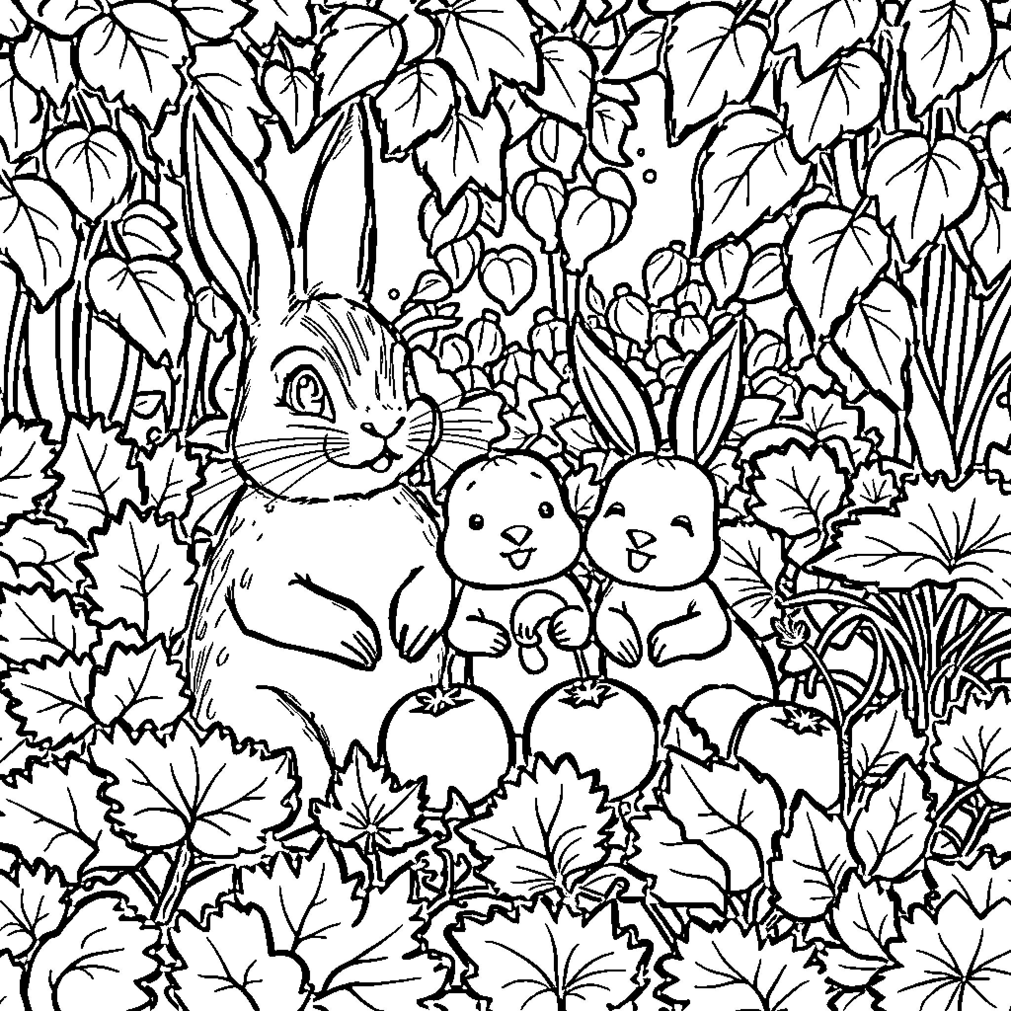 Rabbit friends in a lush garden Coloring Page (free black-and-white line drawing printable PDF for all, from beginners to advanced learners, including children, teens, adults, and seniors)