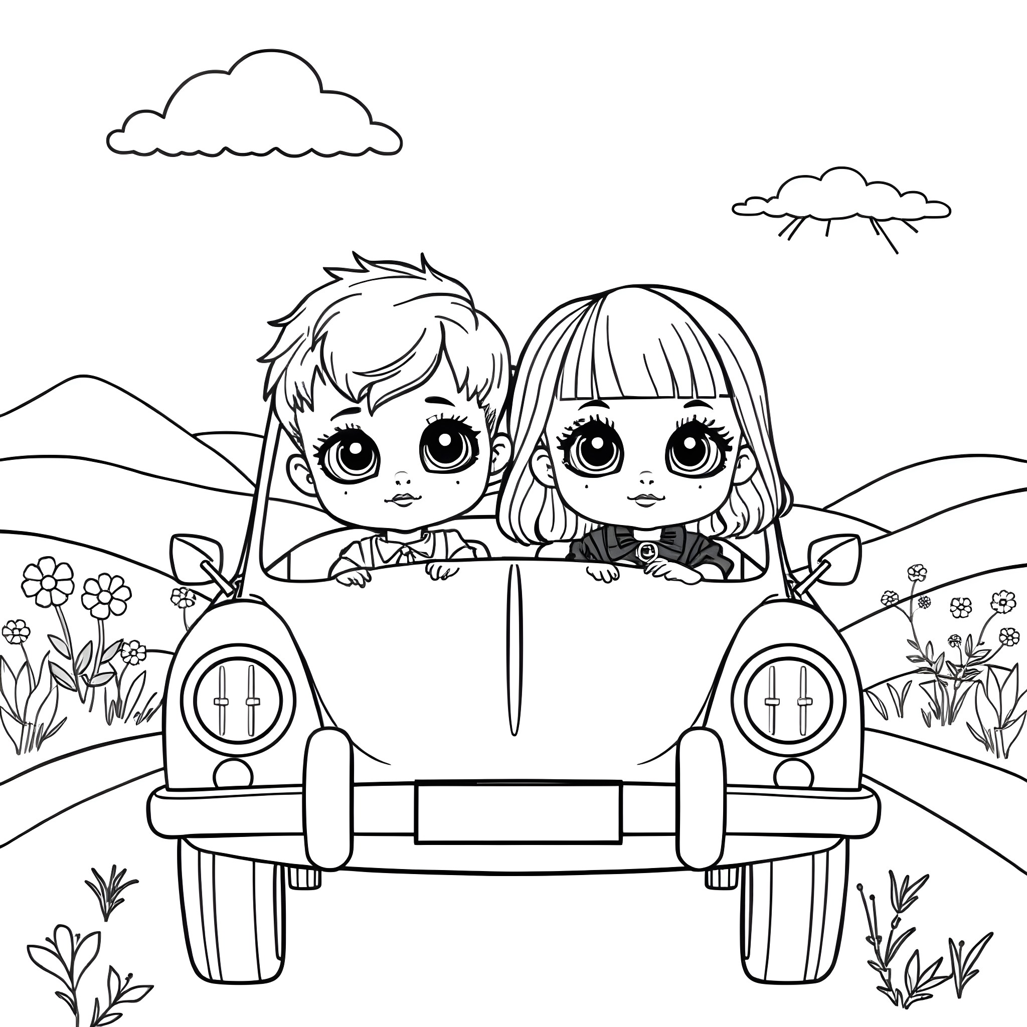 Doll duo driving an adorable car in the countryside Coloring Page (free black-and-white line drawing printable PDF for all, from beginners to advanced learners, including children, teens, adults, and seniors)