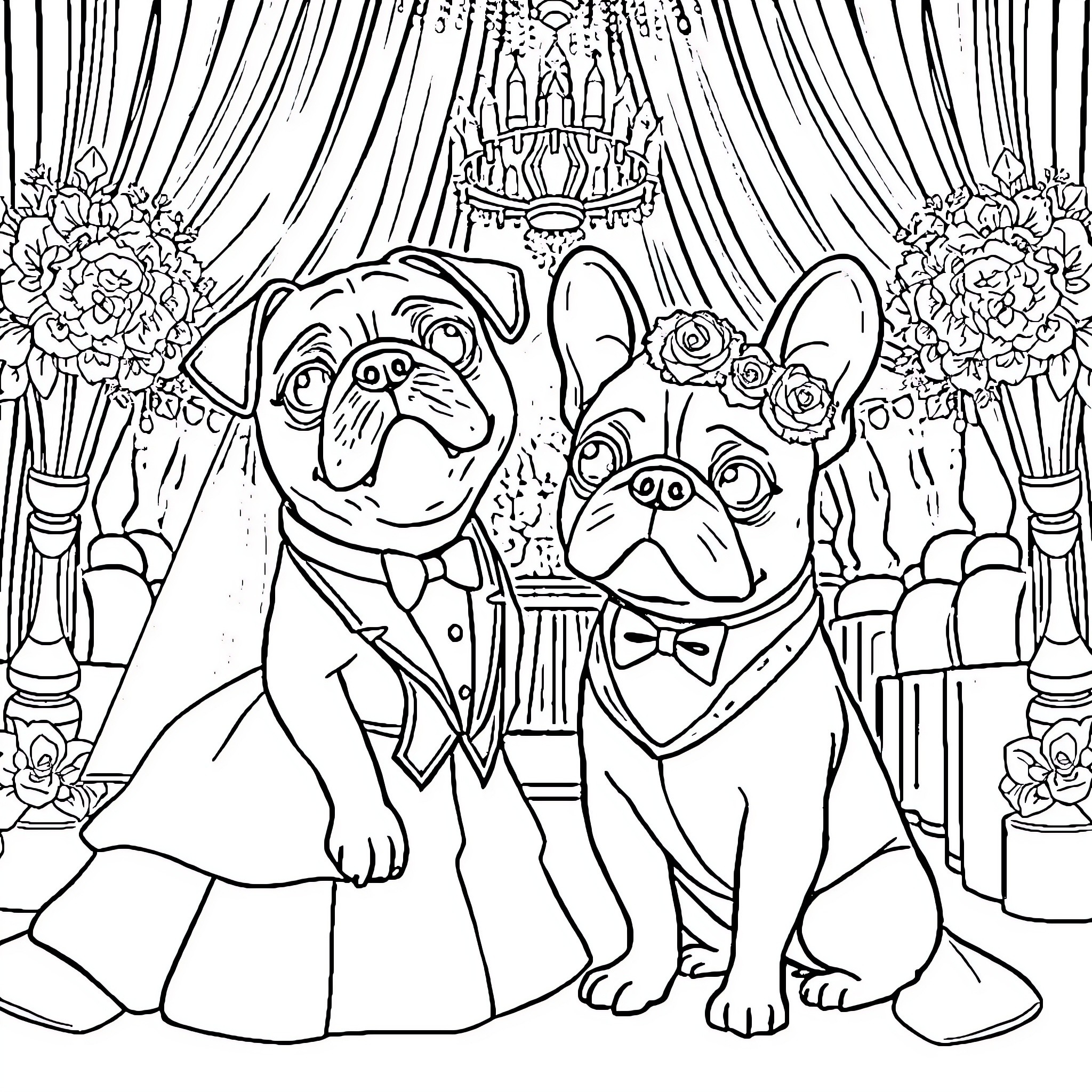 Pug puppies dressed up in formal attire at a fancy party Coloring Page (free black-and-white line drawing printable PDF for all, from beginners to advanced learners, including children, teens, adults, and seniors)
