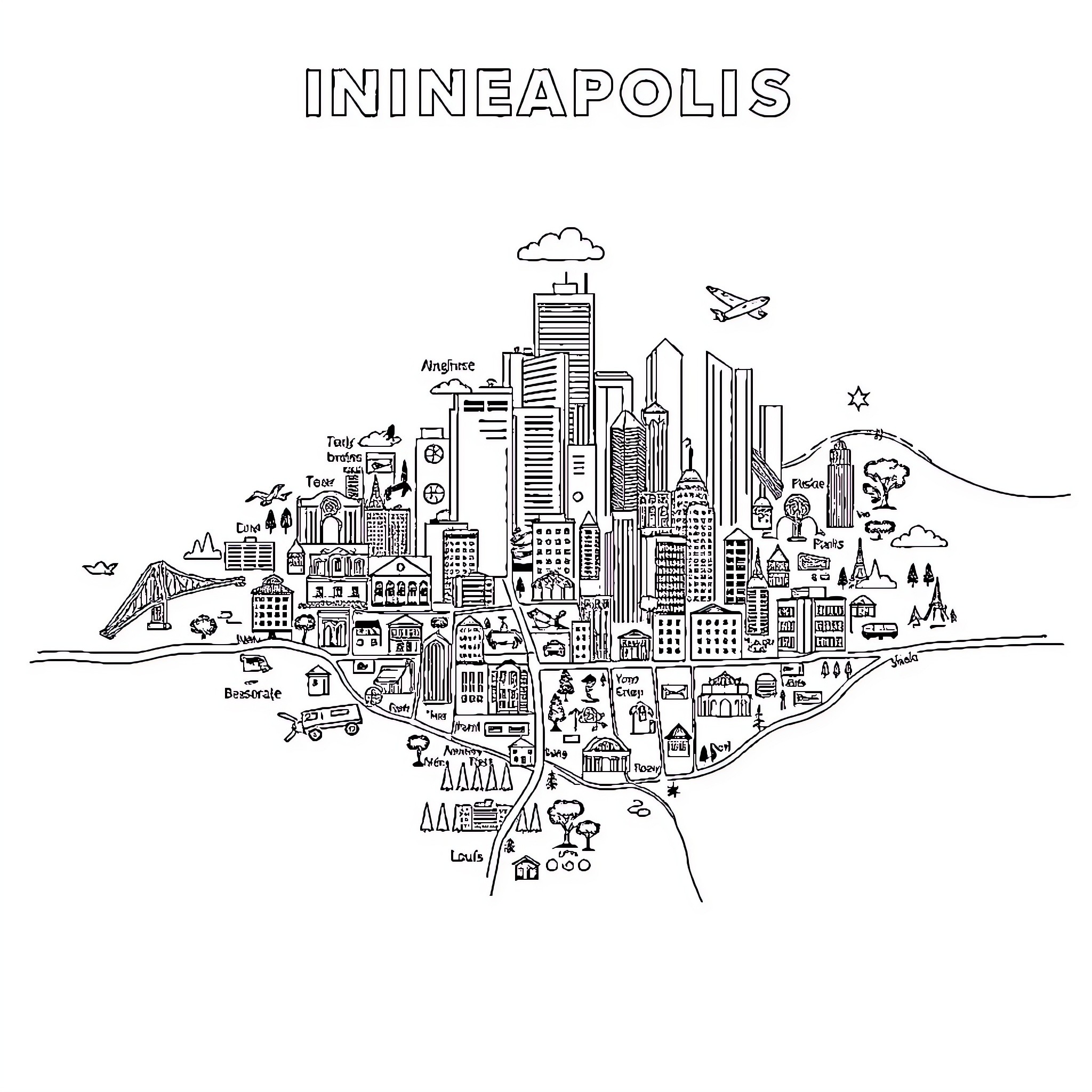 Neighborhood of iconic Minneapolis landmarks and buildings Coloring Page (free black-and-white line drawing printable PDF for all, from beginners to advanced learners, including children, teens, adults, and seniors)