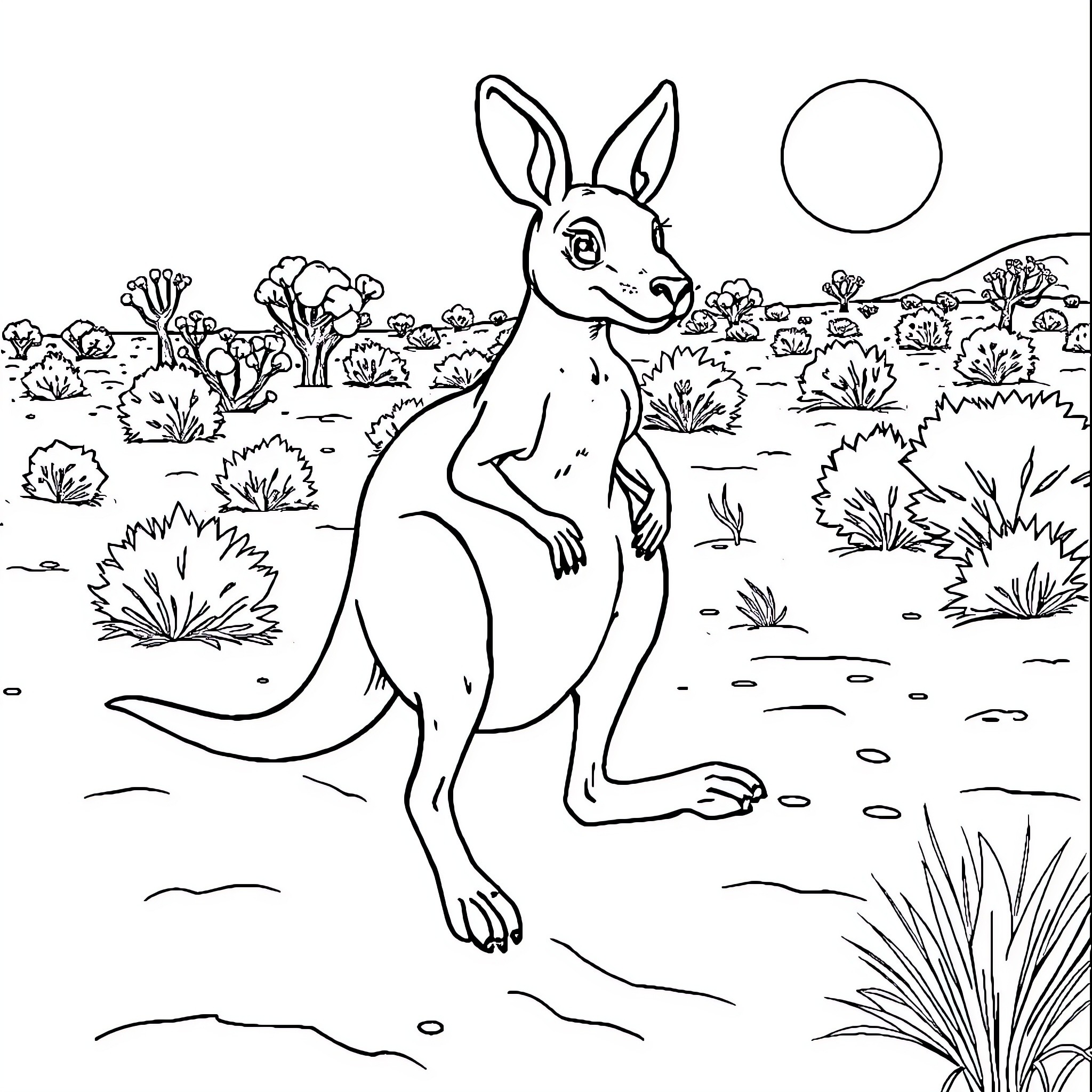 Kangaroo hopping in the desert landscape Coloring Page (free black-and-white line drawing printable PDF for all, from beginners to advanced learners, including children, teens, adults, and seniors)