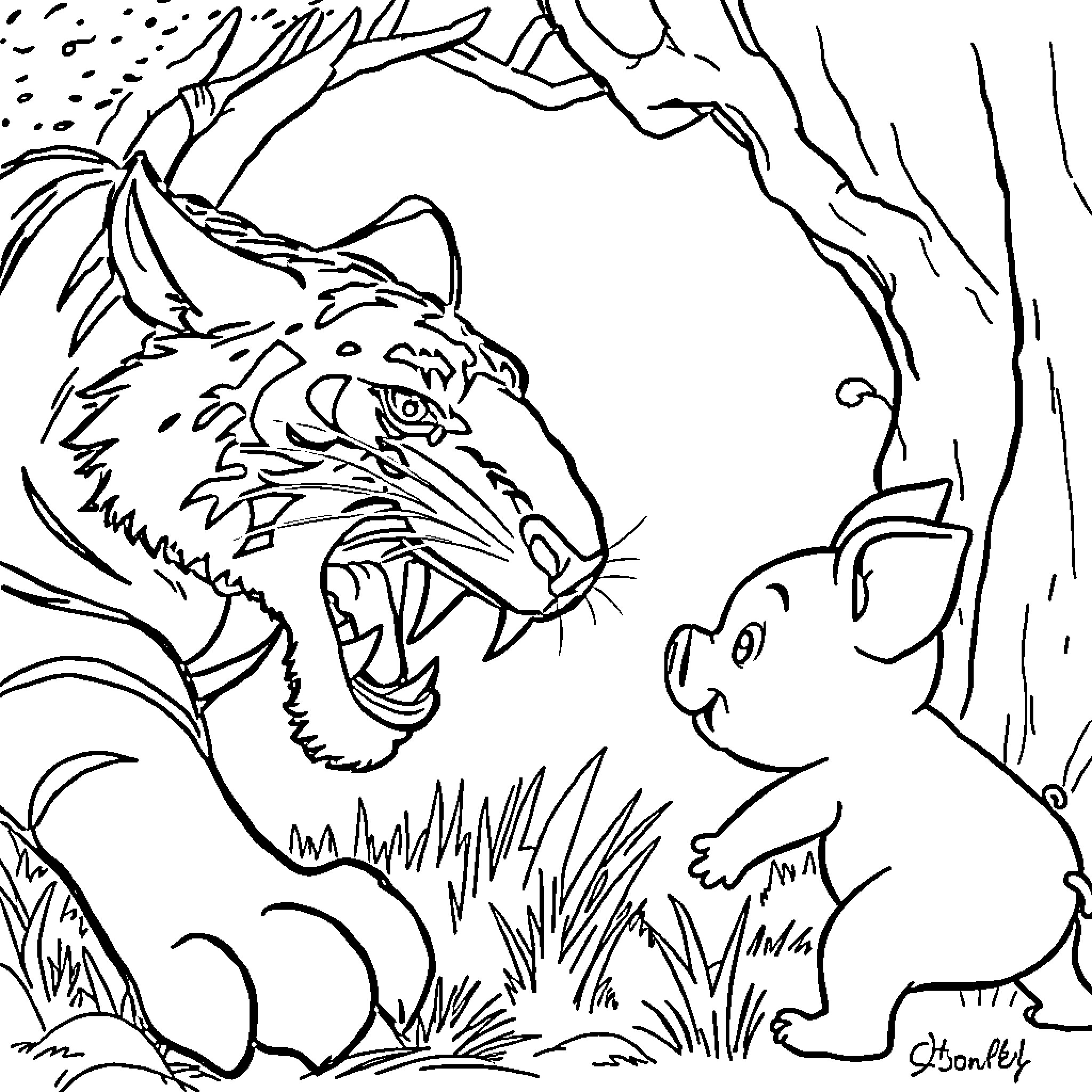 Piglet encounters a fierce tiger in the forest Coloring Page (free black-and-white line drawing printable PDF for all, from beginners to advanced learners, including children, teens, adults, and seniors)