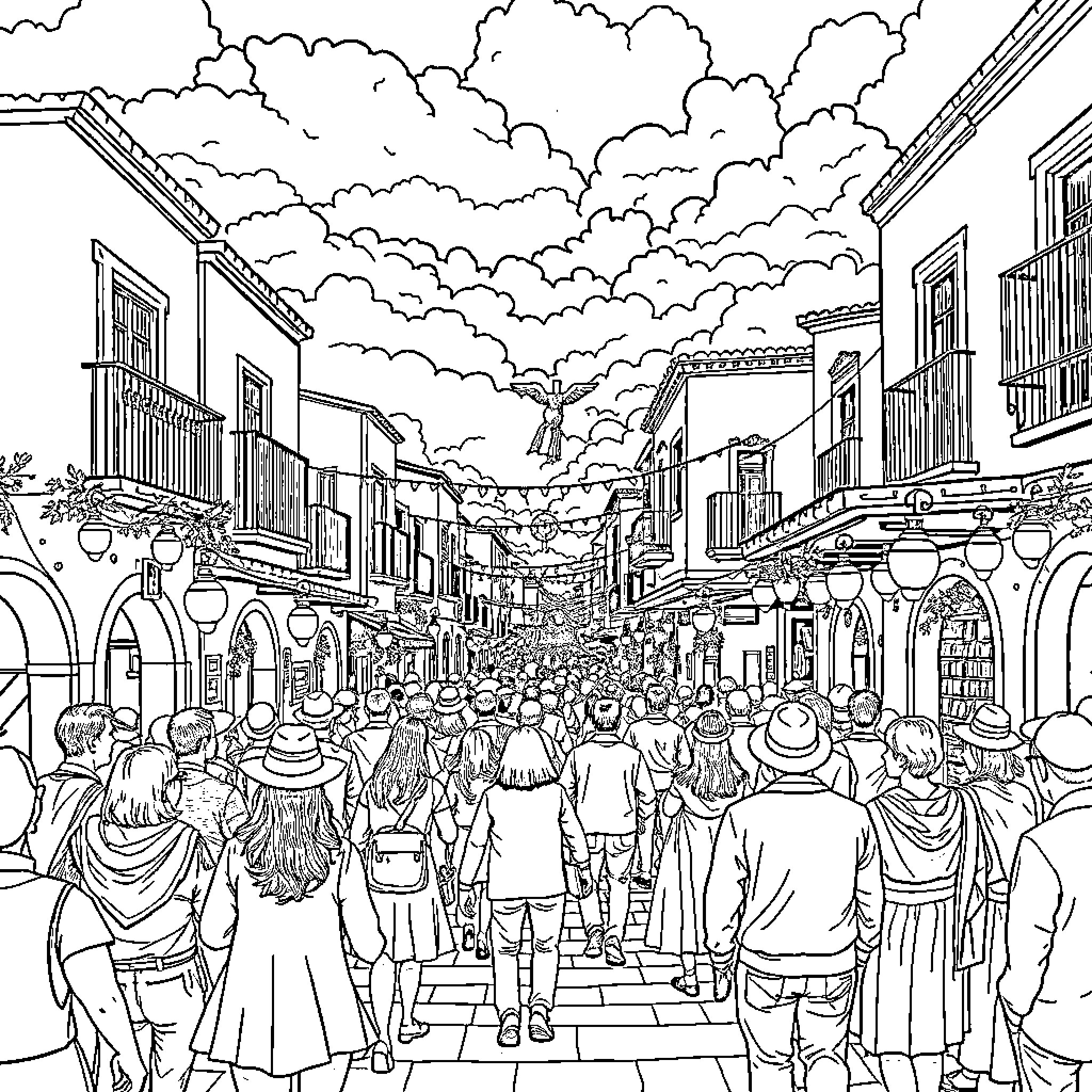 Villapalacios: Bustling Marketplace with Lively Crowd Coloring Page (free black-and-white line drawing printable PDF for all, from beginners to advanced learners, including children, teens, adults, and seniors)