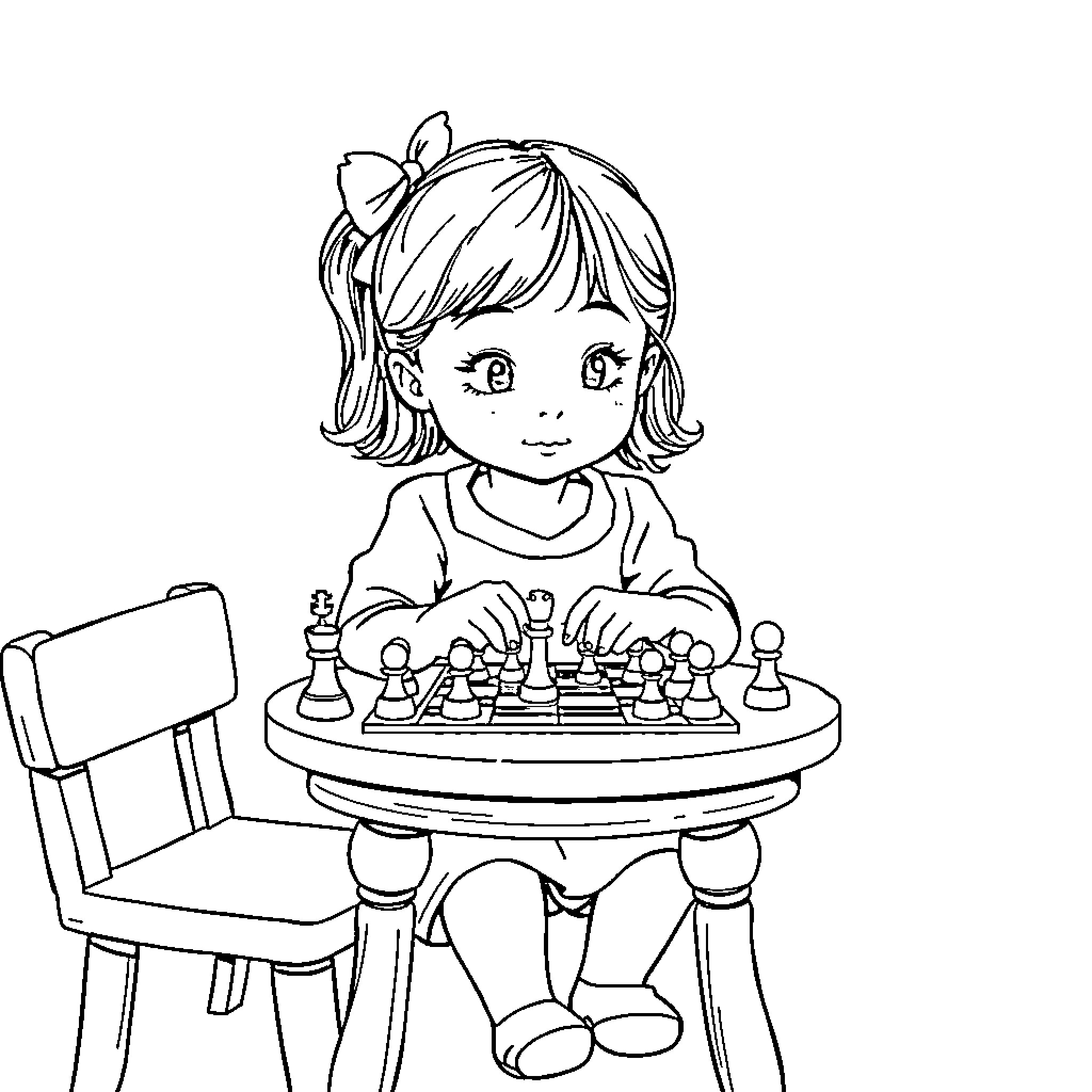 Girl playing chess at the table Coloring Page (free black-and-white line drawing printable PDF for all, from beginners to advanced learners, including children, teens, adults, and seniors)