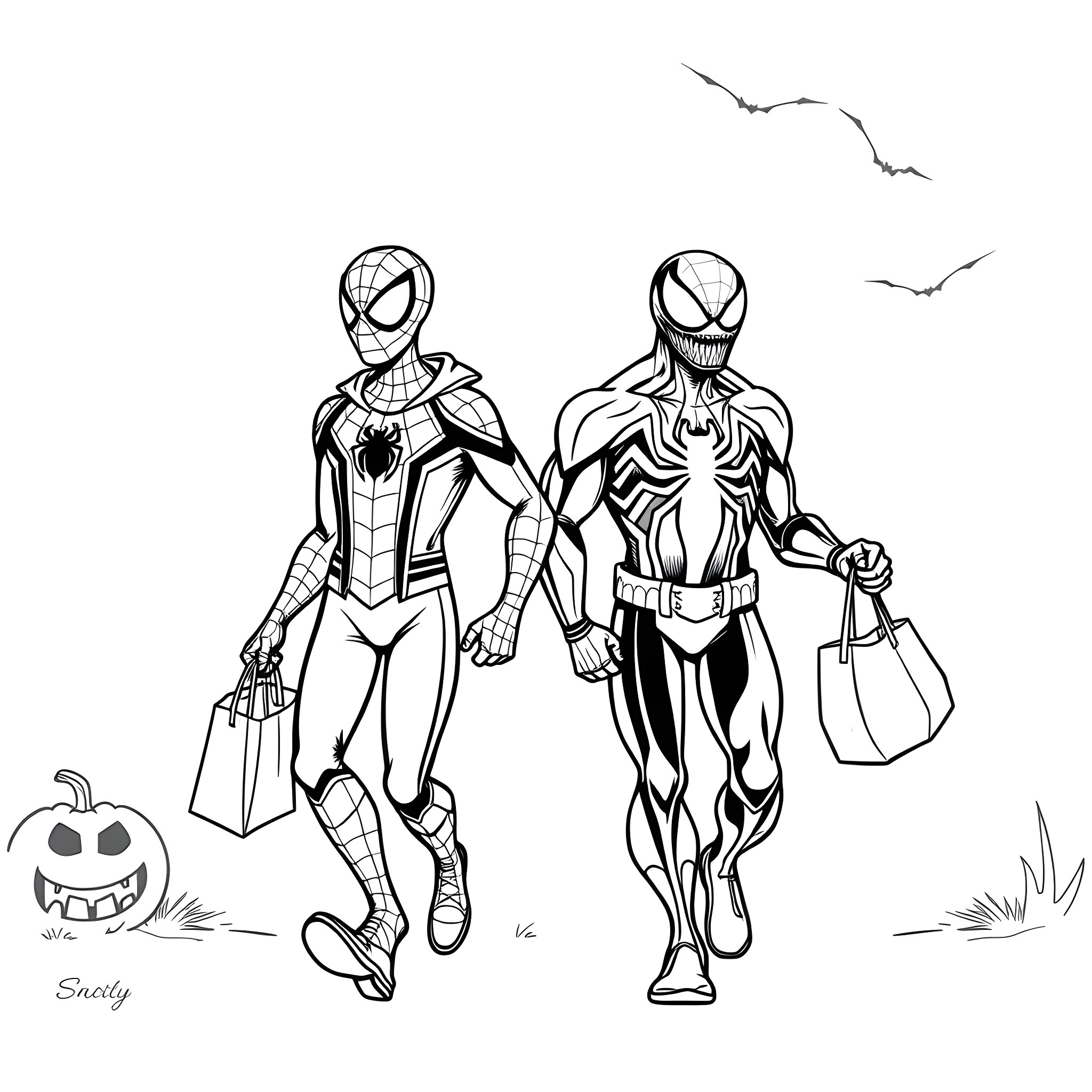 Spiderman and Venom shopping together Coloring Page (free black-and-white line drawing printable PDF for all, from beginners to advanced learners, including children, teens, adults, and seniors)