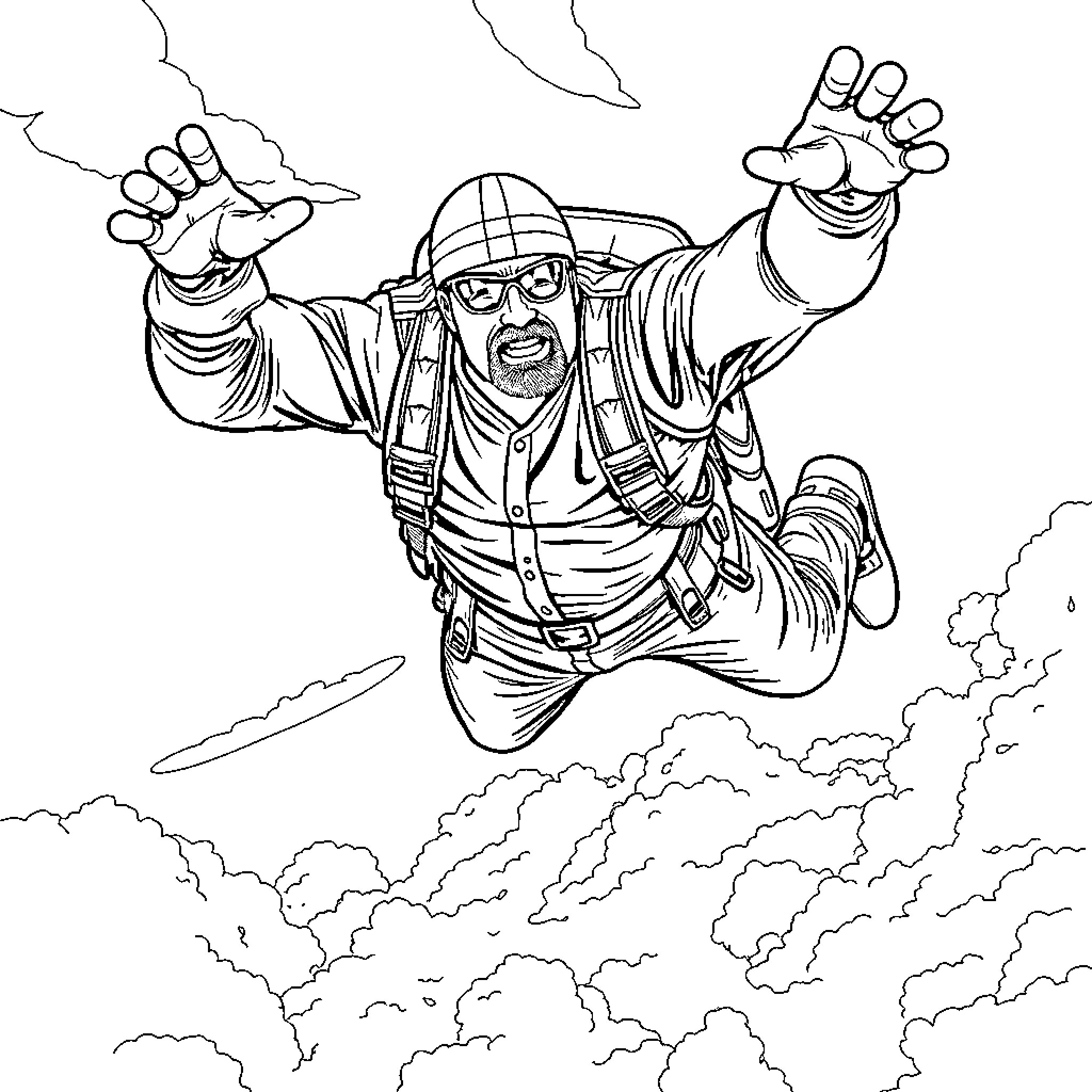 Hulk Hogan skydiving through clouds with excitement Coloring Page (free black-and-white line drawing printable PDF for all, from beginners to advanced learners, including children, teens, adults, and seniors)
