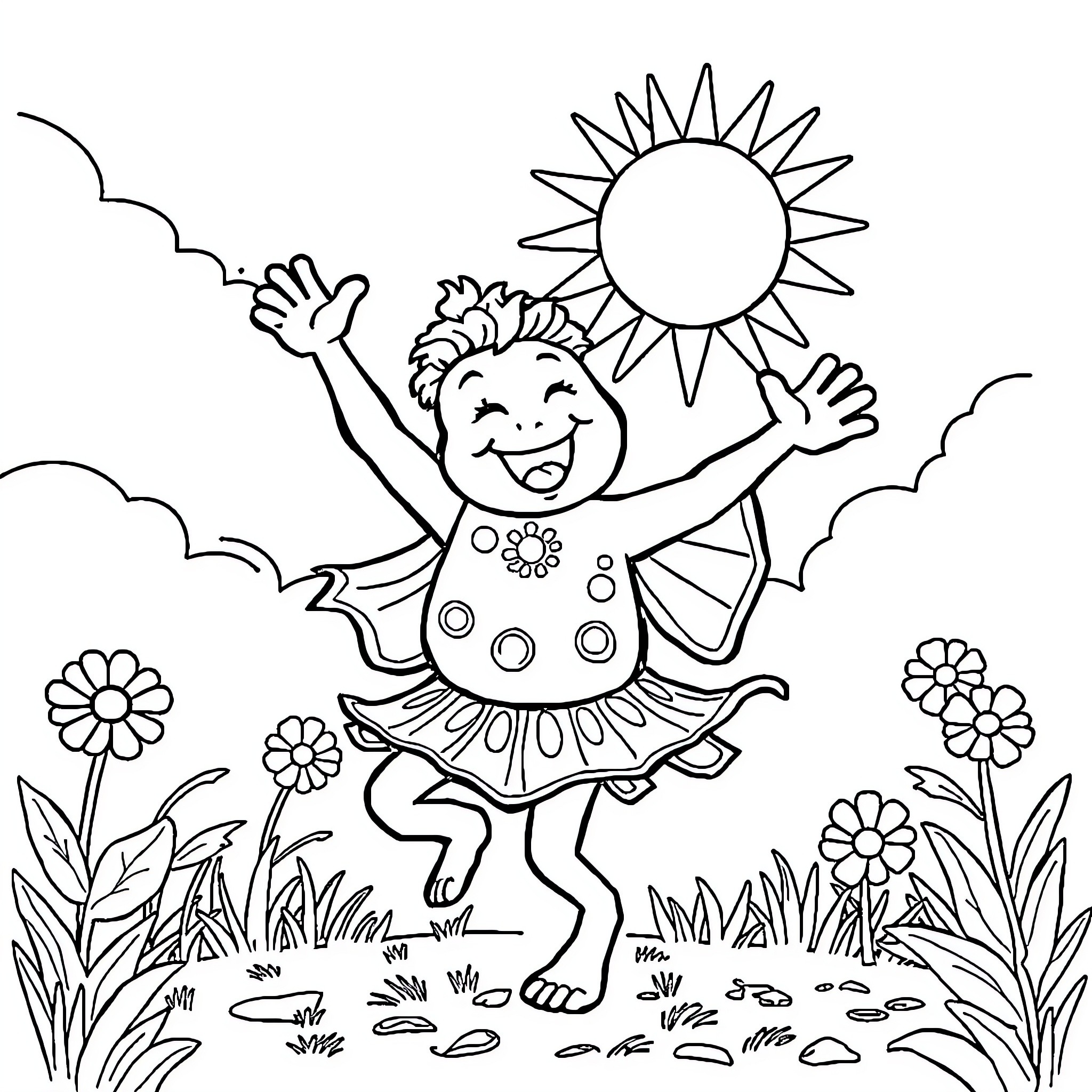 Labubu enjoying a sunny day in nature Coloring Page (free black-and-white line drawing printable PDF for all, from beginners to advanced learners, including children, teens, adults, and seniors)