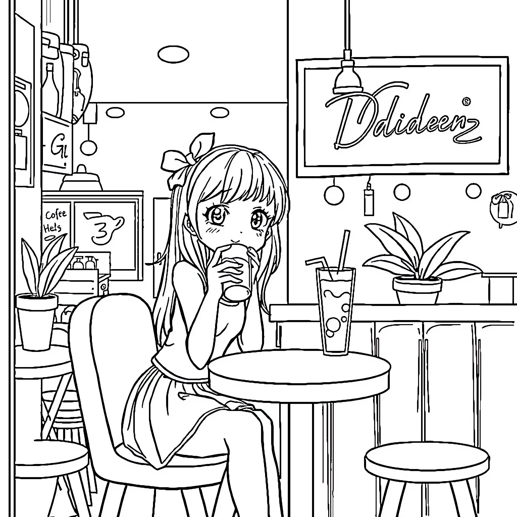 Character enjoying a cozy coffee shop scene Coloring Page (free black-and-white line drawing printable PDF for all, from beginners to advanced learners, including children, teens, adults, and seniors)