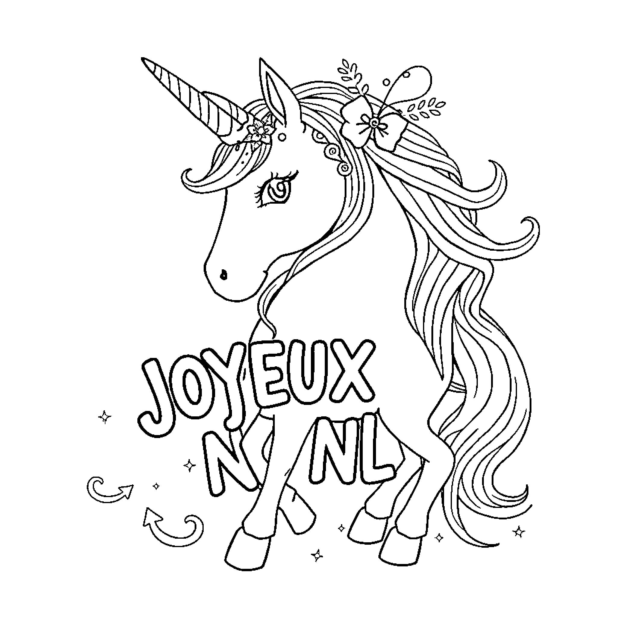 Unicorn with Festive Decorations and Calligraphy Coloring Page (free black-and-white line drawing printable PDF for all, from beginners to advanced learners, including children, teens, adults, and seniors)