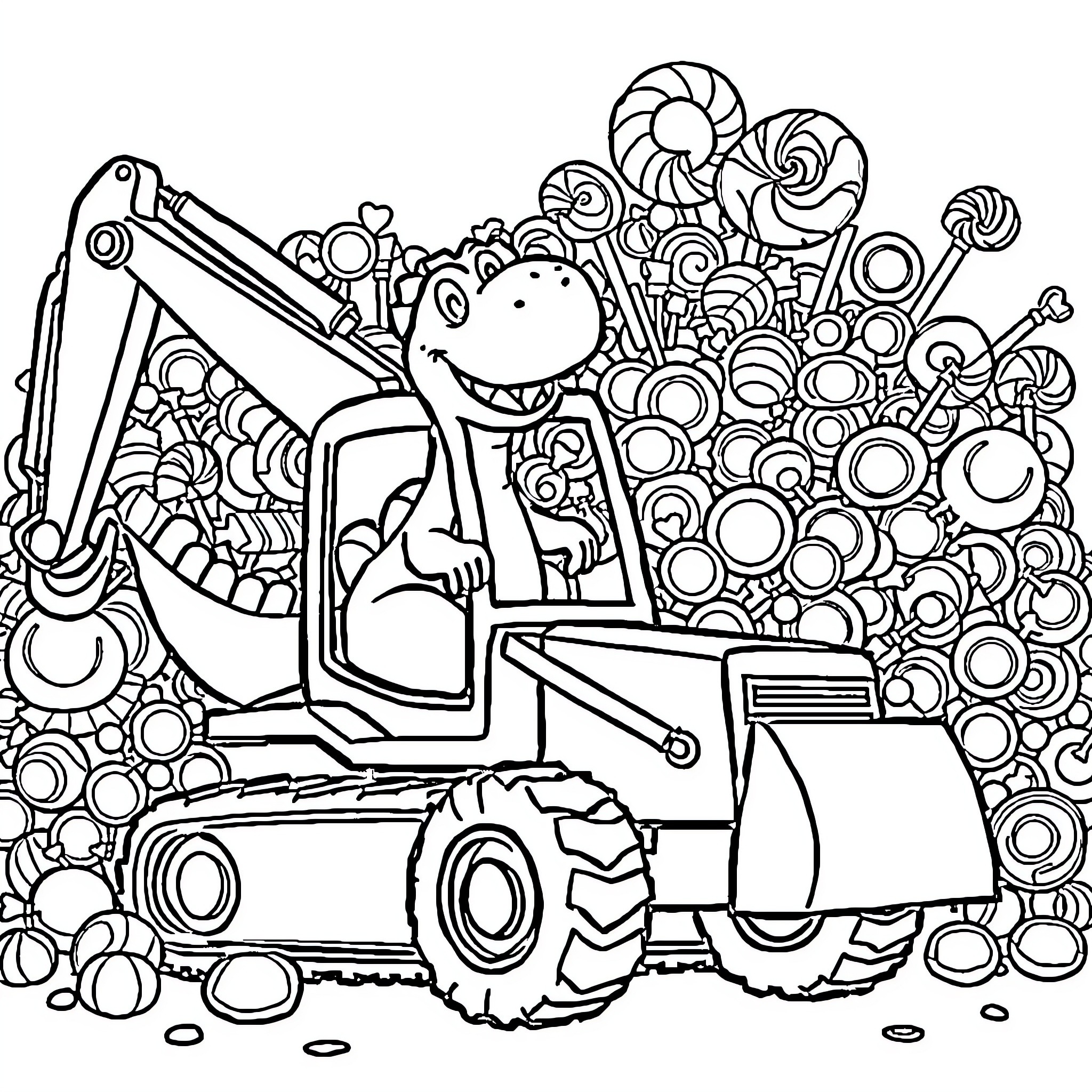 Dinosaur Excavator Exploring Prehistoric Landscape Coloring Page (free black-and-white line drawing printable PDF for all, from beginners to advanced learners, including children, teens, adults, and seniors)