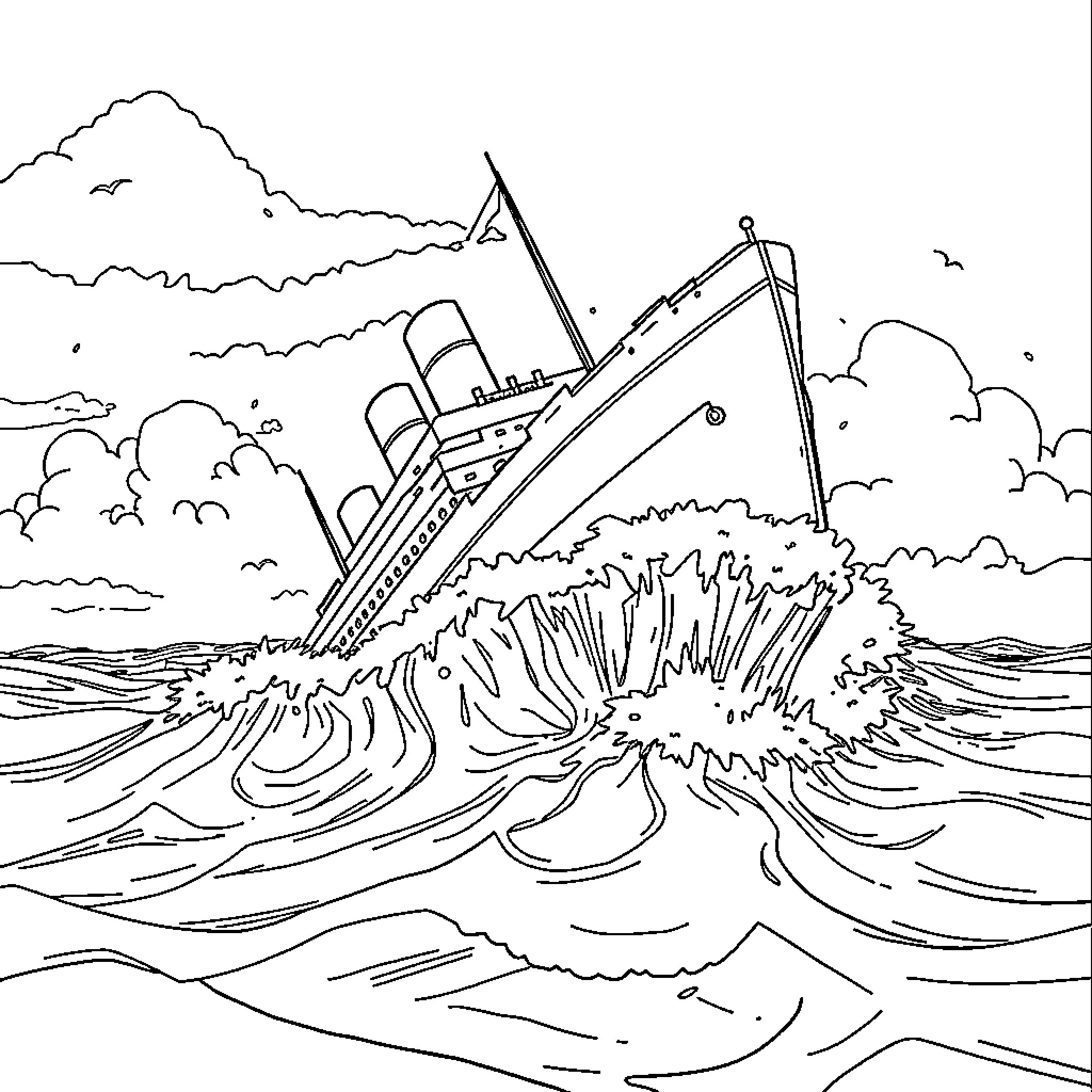 Titanic ship sinking in dramatic waves Coloring Page (free black-and-white line drawing printable PDF for all, from beginners to advanced learners, including children, teens, adults, and seniors)
