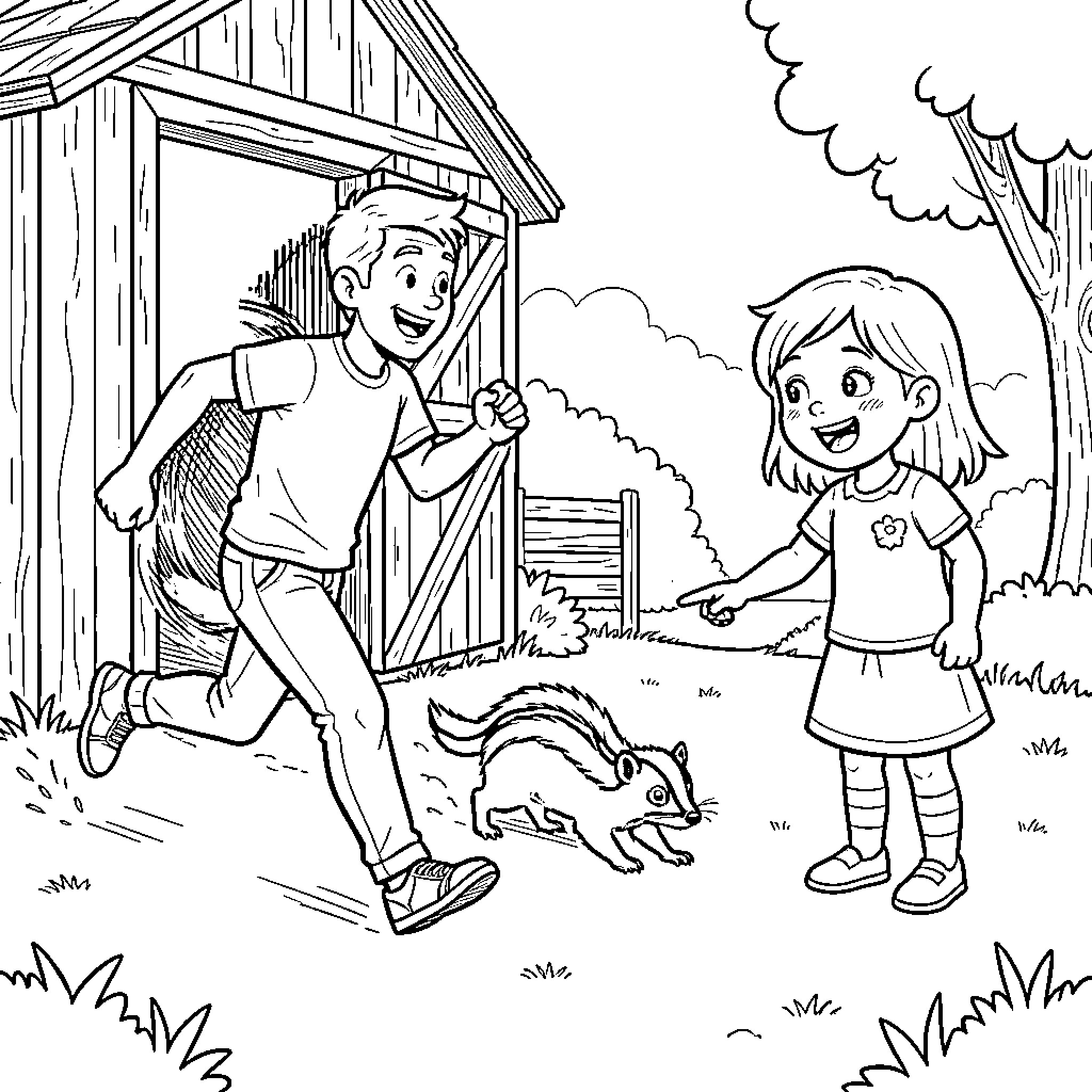 Man running away from a skunk near a barn Coloring Page (free black-and-white line drawing printable PDF for all, from beginners to advanced learners, including children, teens, adults, and seniors)