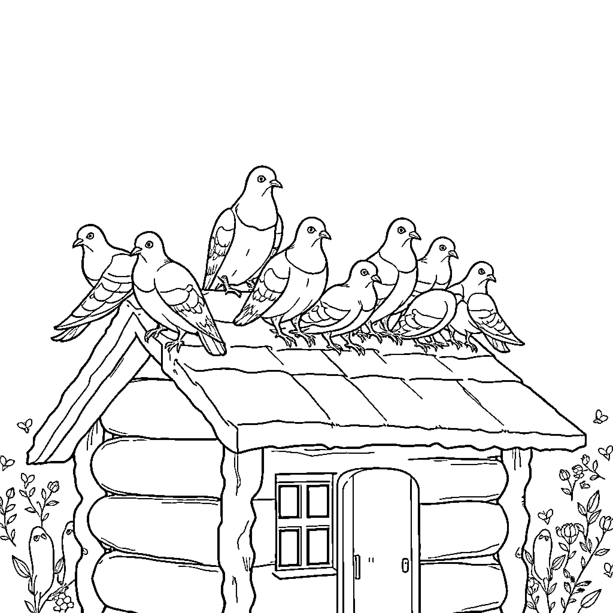 Pigeons perched on a rustic cabin roof Coloring Page (free black-and-white line drawing printable PDF for all, from beginners to advanced learners, including children, teens, adults, and seniors)