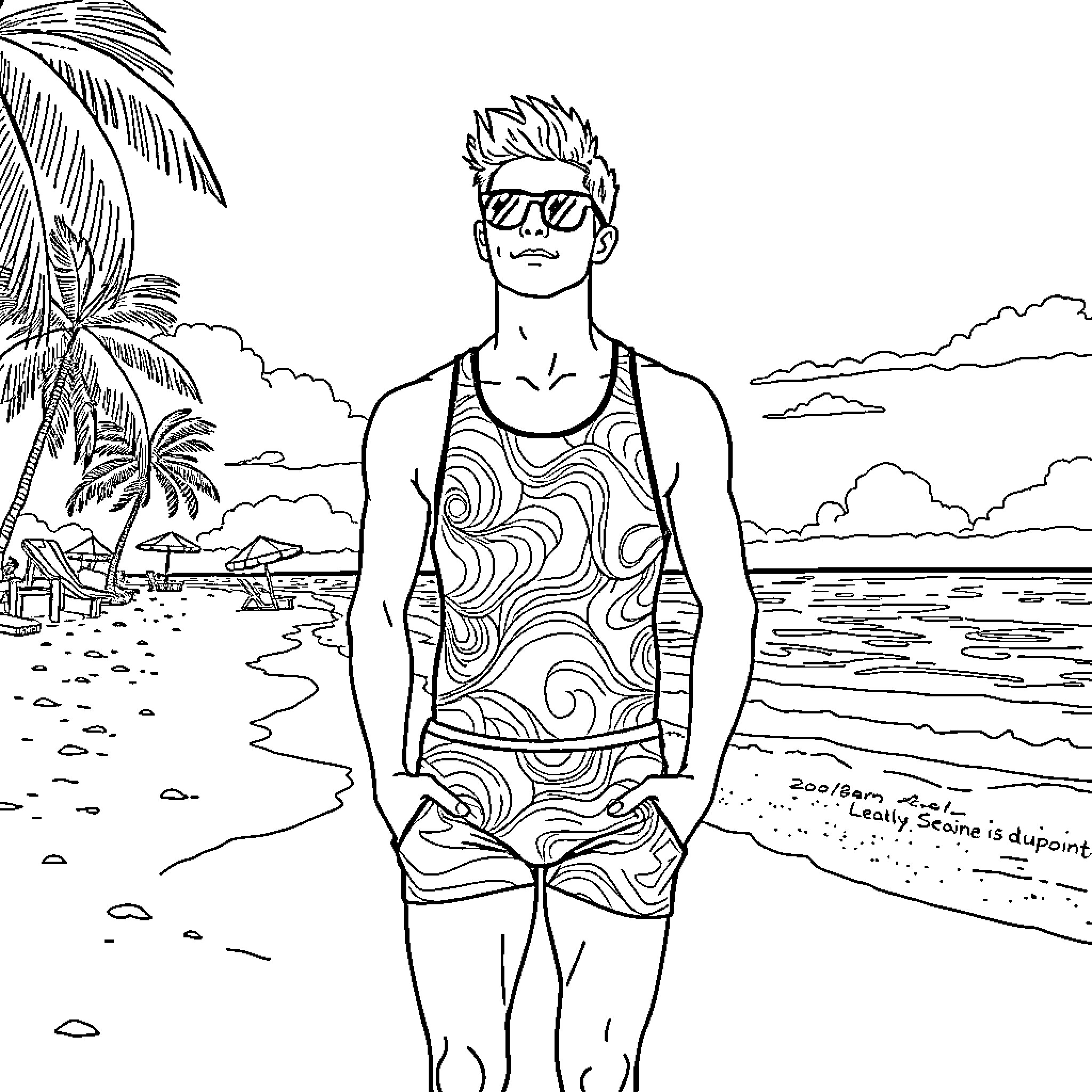 Antoine Dupont enjoying the beach scenery Coloring Page (free black-and-white line drawing printable PDF for all, from beginners to advanced learners, including children, teens, adults, and seniors)