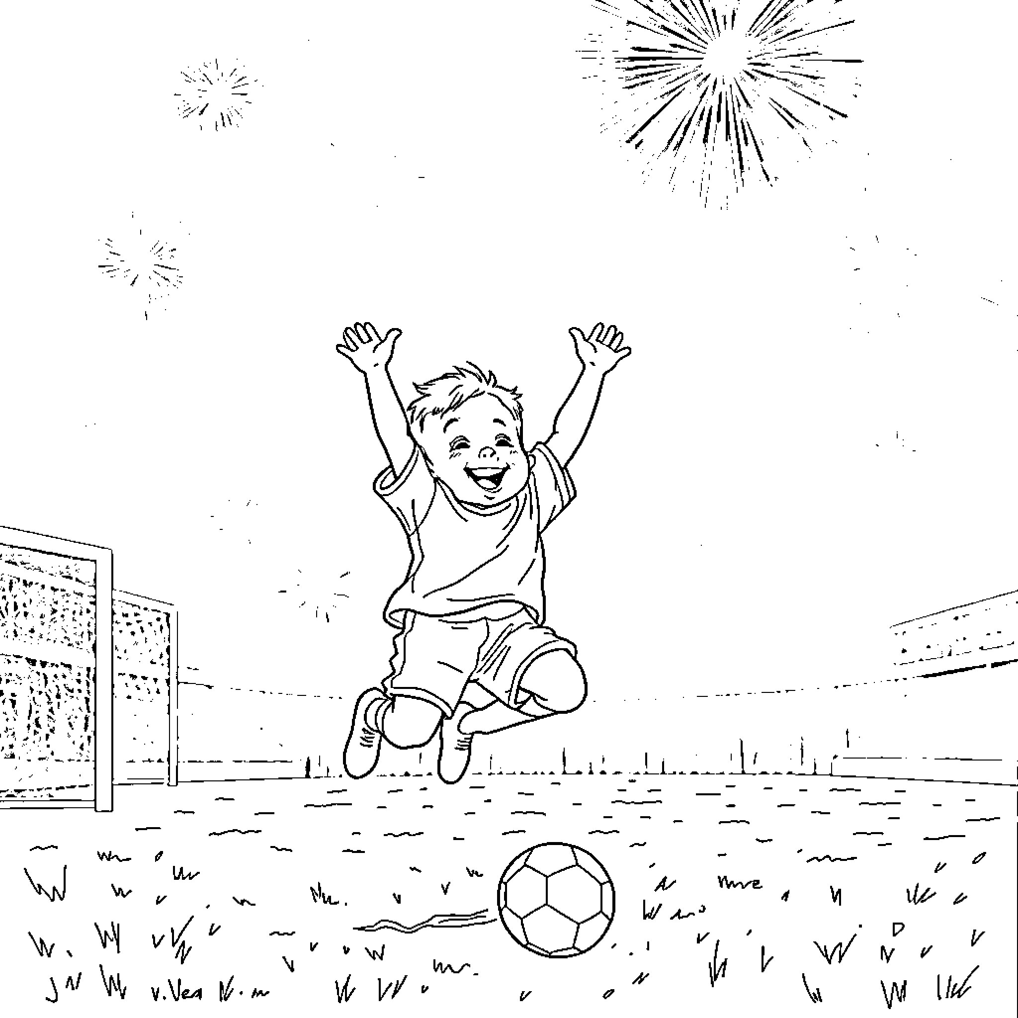 Baby celebrating soccer victory with fireworks Coloring Page (free black-and-white line drawing printable PDF for all, from beginners to advanced learners, including children, teens, adults, and seniors)