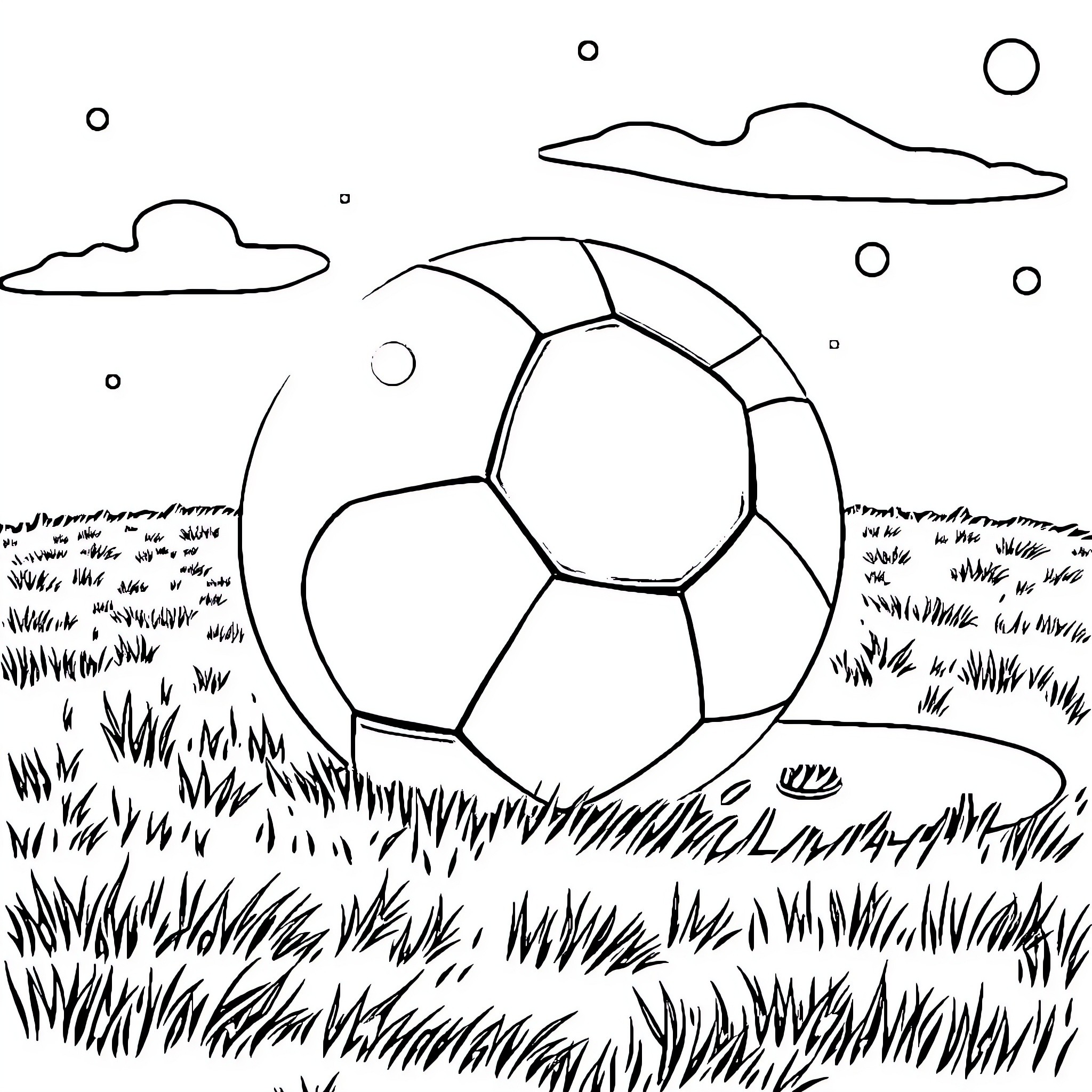 Ball rolling on grassy field with clouds Coloring Page (free black-and-white line drawing printable PDF for all, from beginners to advanced learners, including children, teens, adults, and seniors)