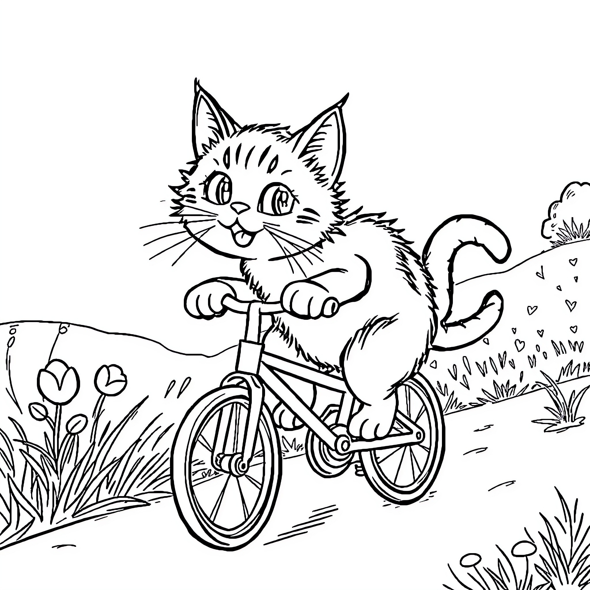 Cat riding a bicycle in the countryside Coloring Page (free black-and-white line drawing printable PDF for all, from beginners to advanced learners, including children, teens, adults, and seniors)