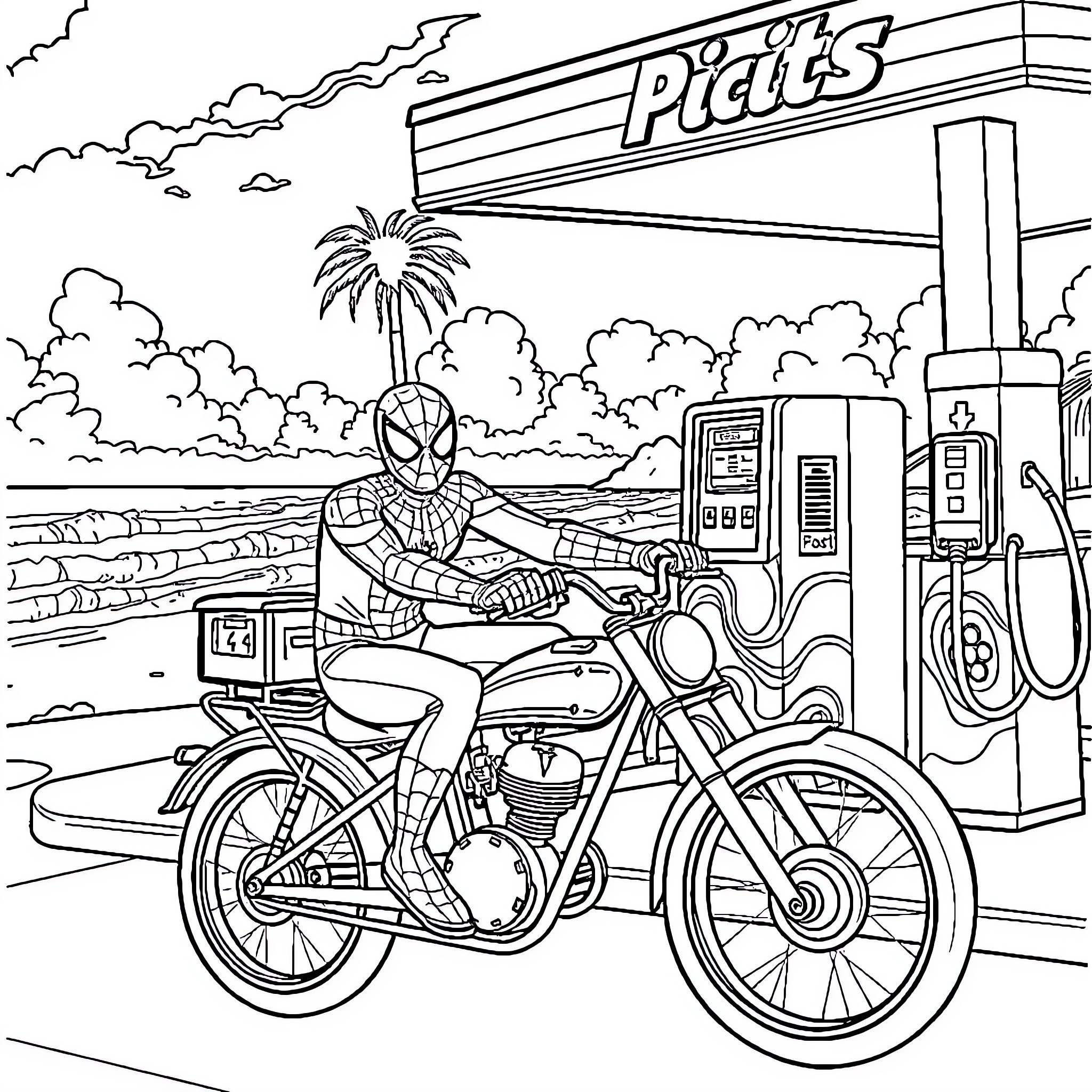 Spider-Man riding motorcycle at gas station Coloring Page (free black-and-white line drawing printable PDF for all, from beginners to advanced learners, including children, teens, adults, and seniors)
