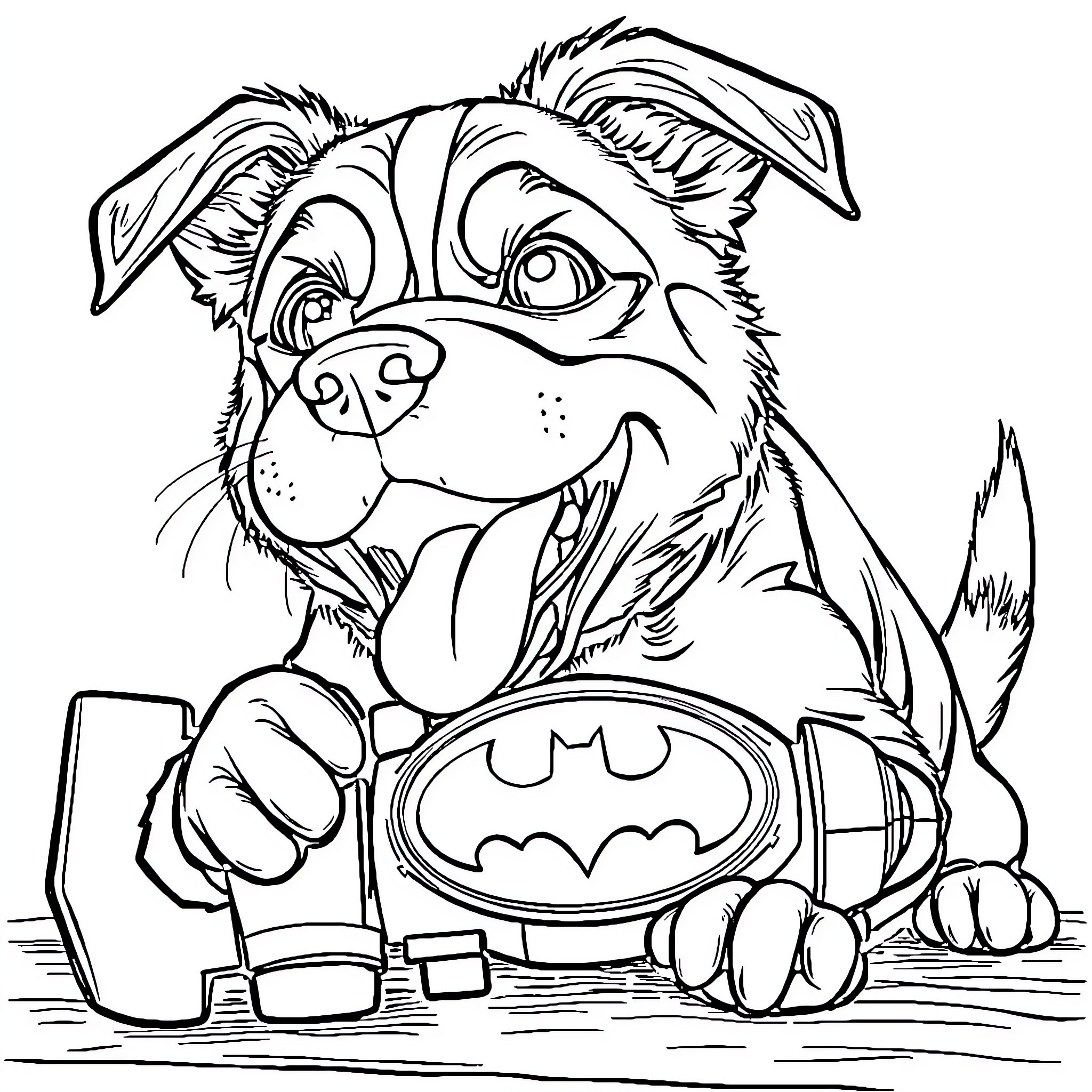 Dog superhero playing with bat symbol Coloring Page (free black-and-white line drawing printable PDF for all, from beginners to advanced learners, including children, teens, adults, and seniors)