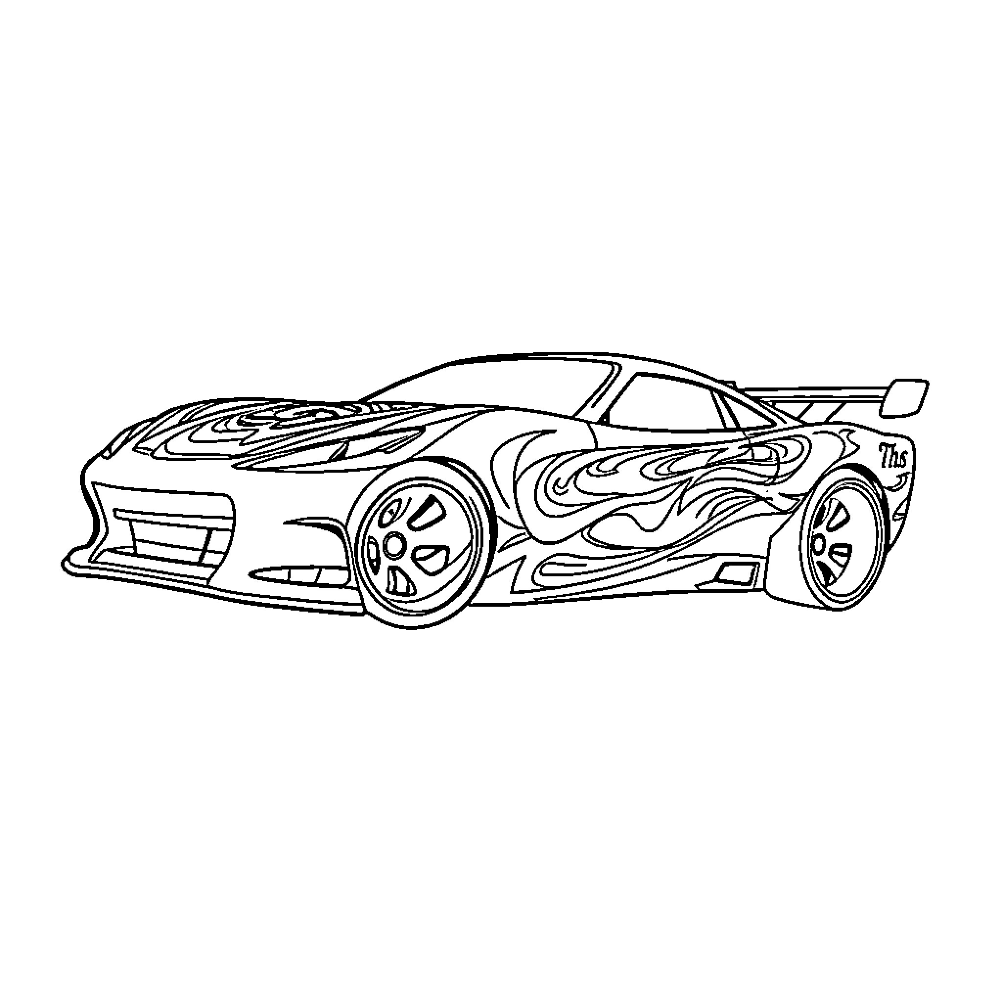 Hot Wheels racing car with bold design Coloring Page (free black-and-white line drawing printable PDF for all, from beginners to advanced learners, including children, teens, adults, and seniors)