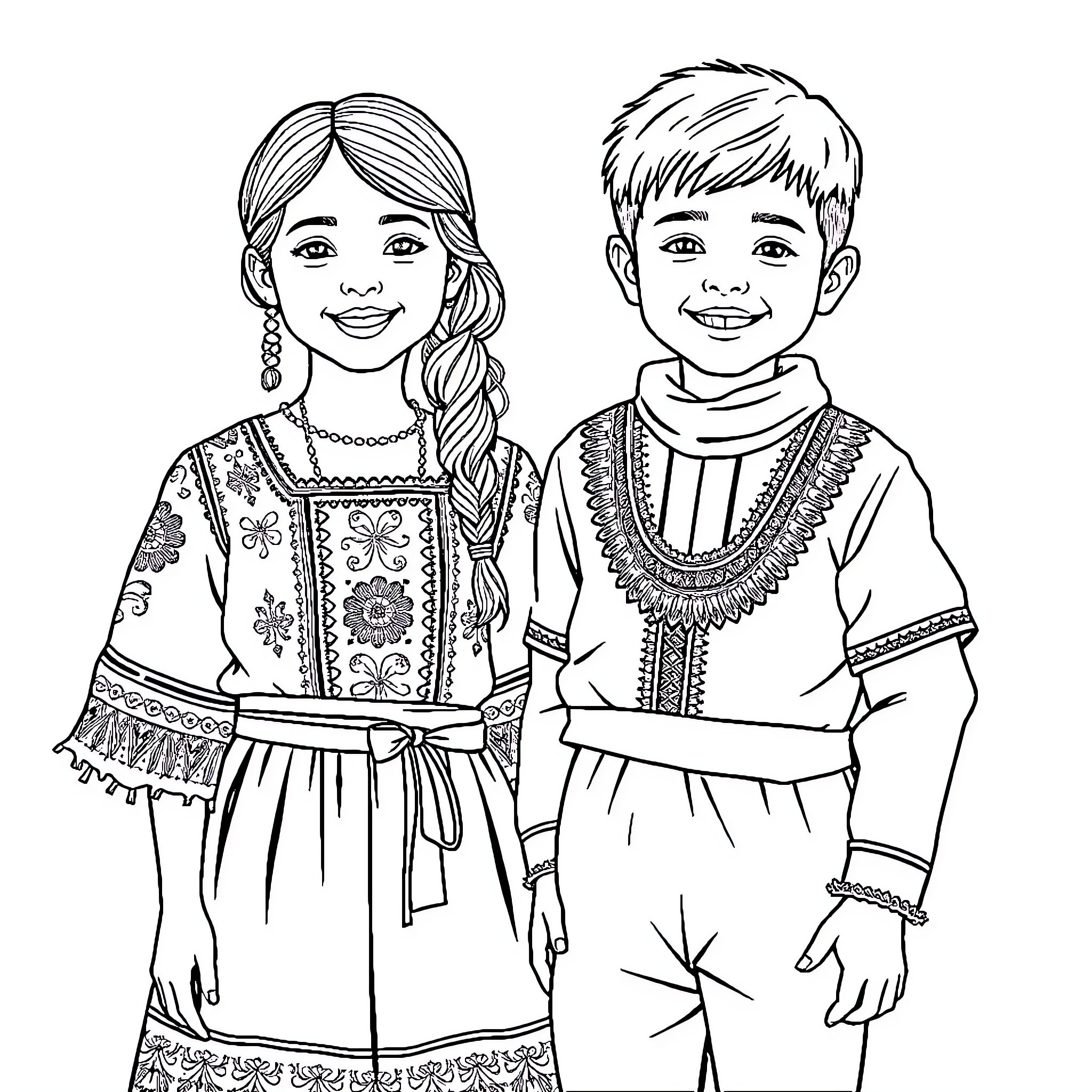 Girl and Boy in Traditional Ethnic Attire Coloring Page (free black-and-white line drawing printable PDF for all, from beginners to advanced learners, including children, teens, adults, and seniors)