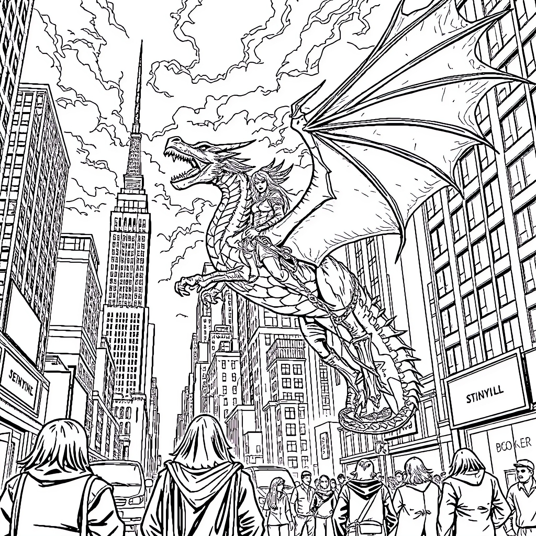 Sylvanas the Dragonlord Unleashes Chaos in the City Coloring Page (free black-and-white line drawing printable PDF for all, from beginners to advanced learners, including children, teens, adults, and seniors)