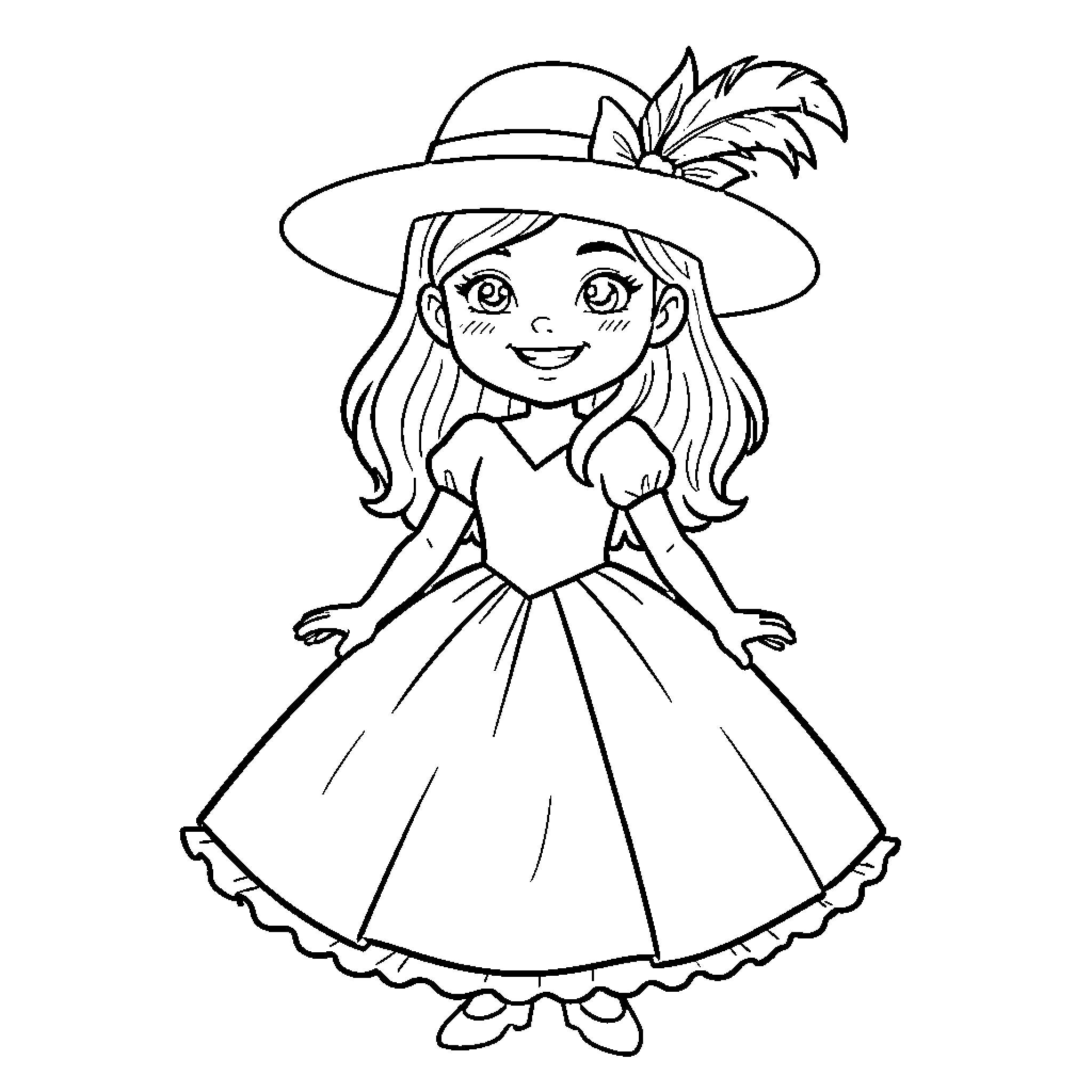 Girl in Fancy Dress with Hat and Feather Coloring Page (free black-and-white line drawing printable PDF for all, from beginners to advanced learners, including children, teens, adults, and seniors)