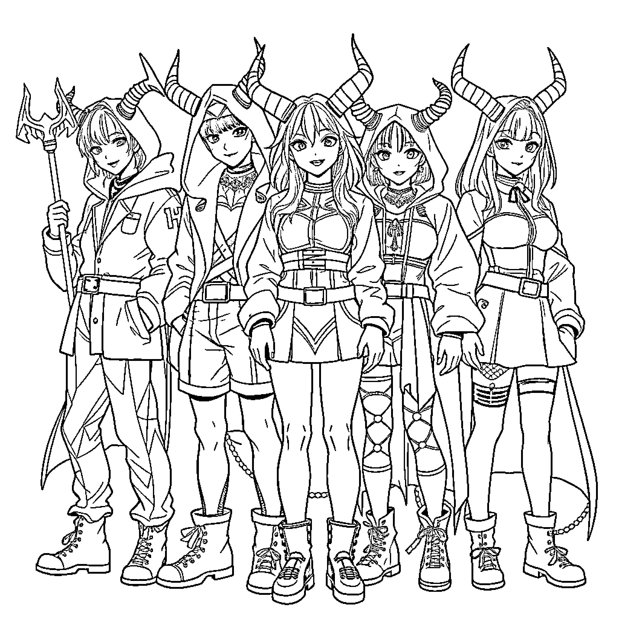 Demon Hunter Squad in Action-Packed Attire Coloring Page (free black-and-white line drawing printable PDF for all, from beginners to advanced learners, including children, teens, adults, and seniors)