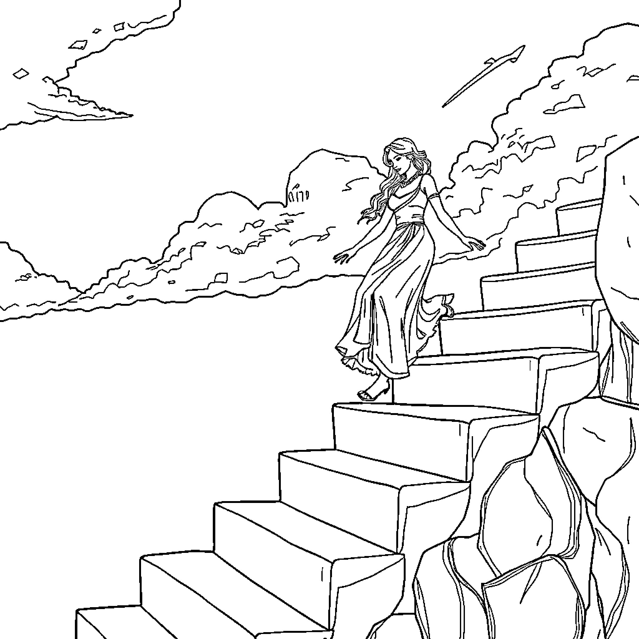 Woman standing on the edge of a rocky cliff Coloring Page (free black-and-white line drawing printable PDF for all, from beginners to advanced learners, including children, teens, adults, and seniors)
