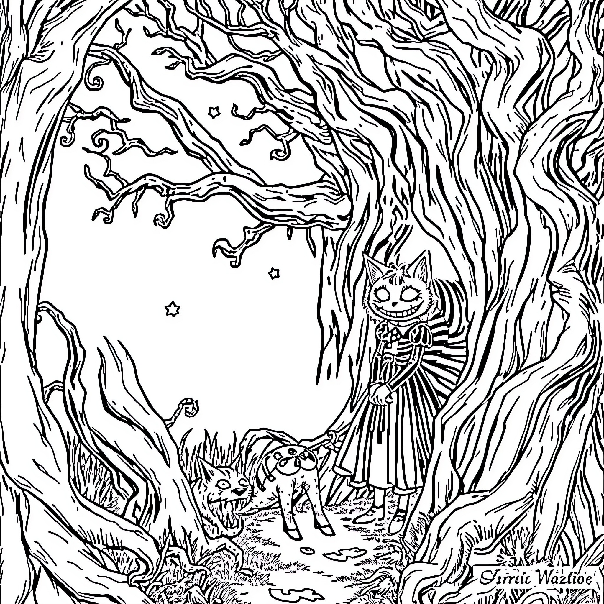 Alice's Enchanted Forest Adventure Coloring Page (free black-and-white line drawing printable PDF for all, from beginners to advanced learners, including children, teens, adults, and seniors)