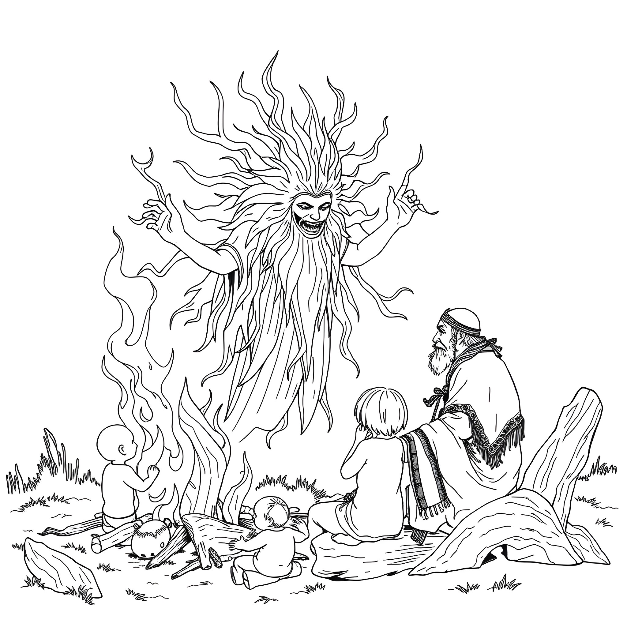 Spirit of the Forest interacting with Shaman and Tribe Coloring Page (free black-and-white line drawing printable PDF for all, from beginners to advanced learners, including children, teens, adults, and seniors)