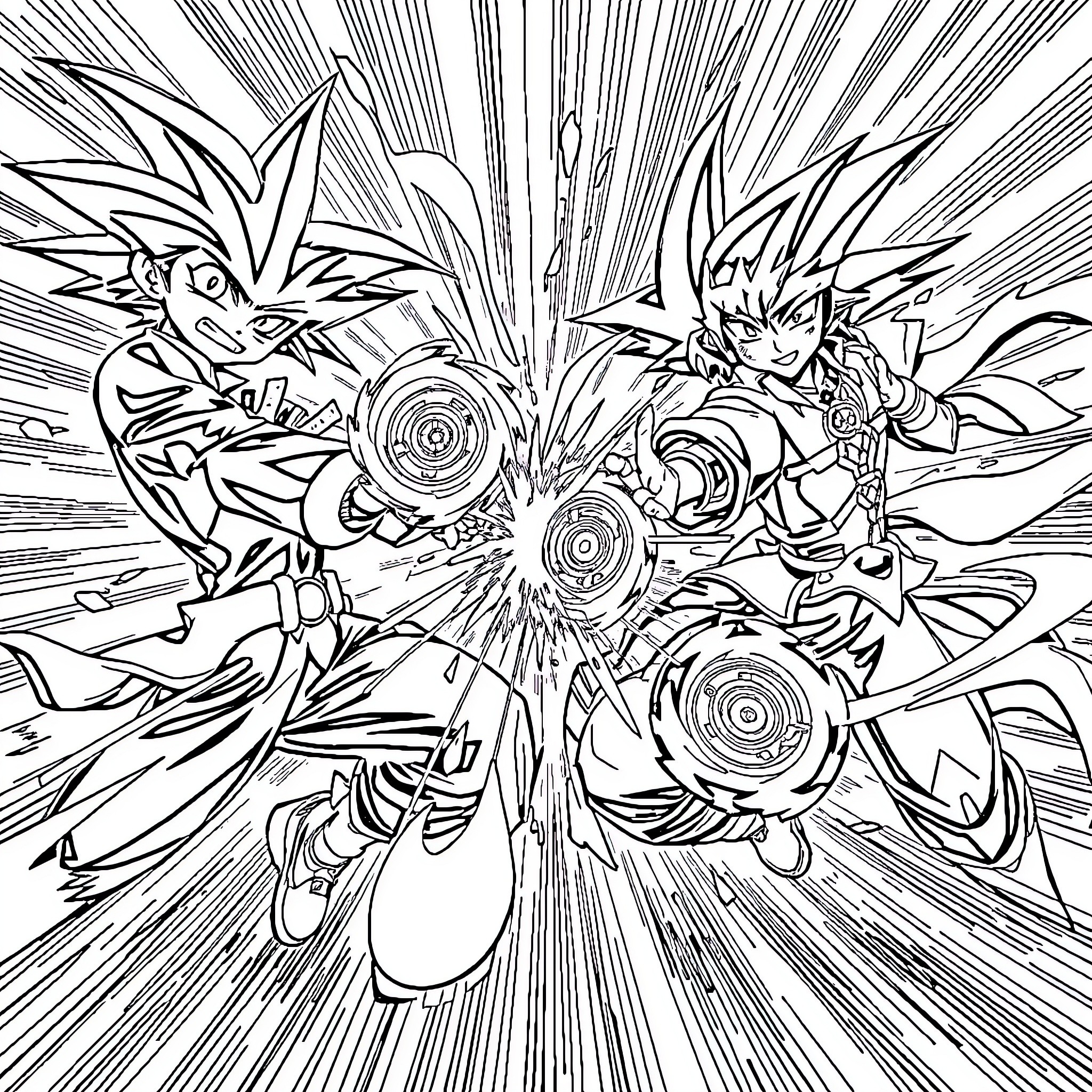 Yugioh Characters in Intense Battle Showdown Coloring Page (free black-and-white line drawing printable PDF for all, from beginners to advanced learners, including children, teens, adults, and seniors)
