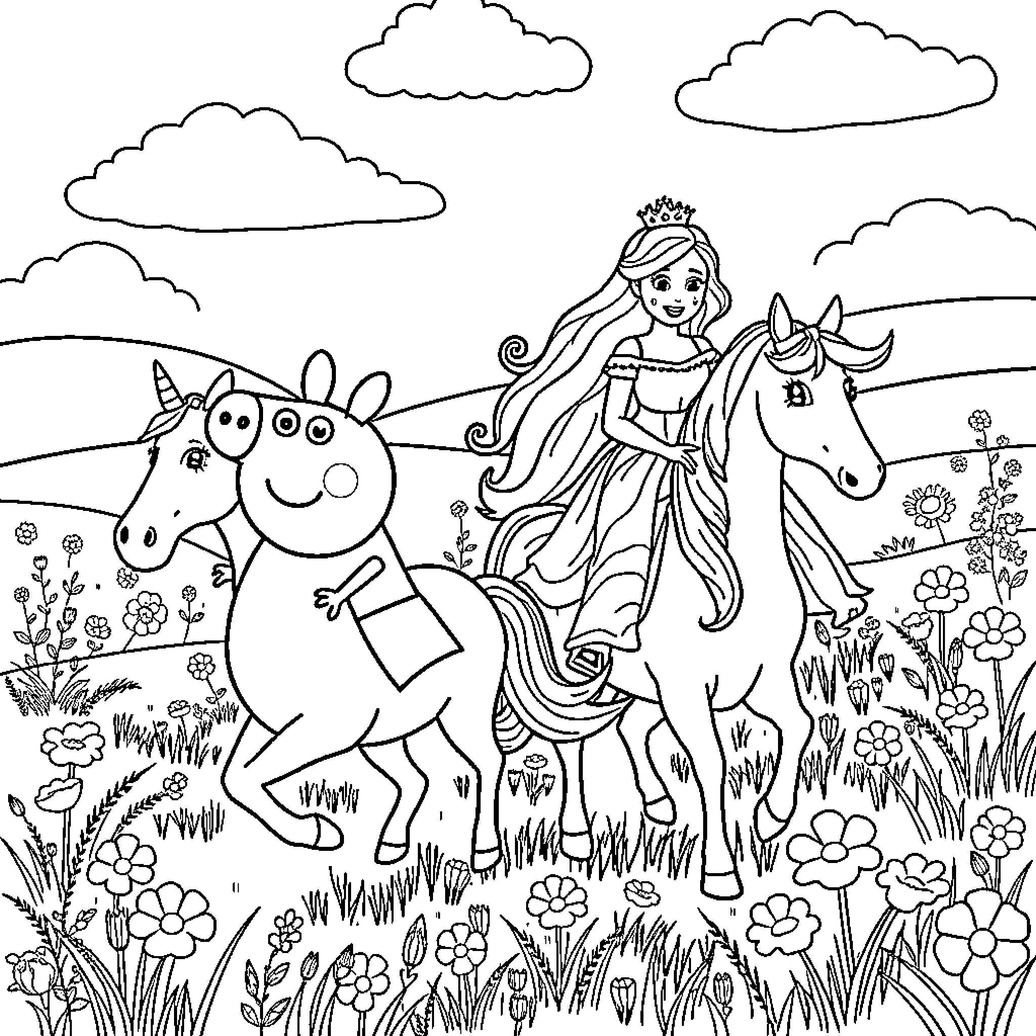 Unicorn and Princess in Magical Meadow Coloring Page (free black-and-white line drawing printable PDF for all, from beginners to advanced learners, including children, teens, adults, and seniors)