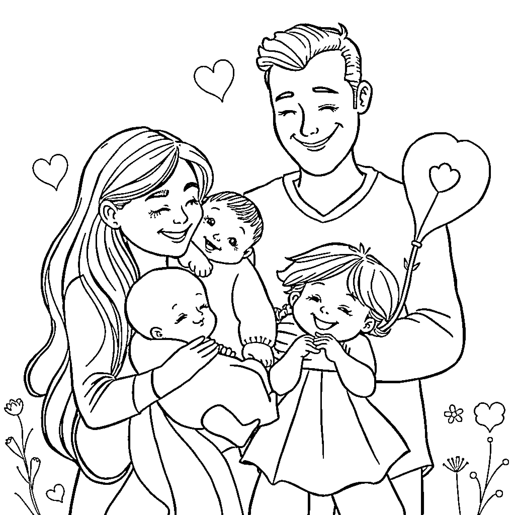 Family enjoying quality time together Coloring Page (free black-and-white line drawing printable PDF for all, from beginners to advanced learners, including children, teens, adults, and seniors)