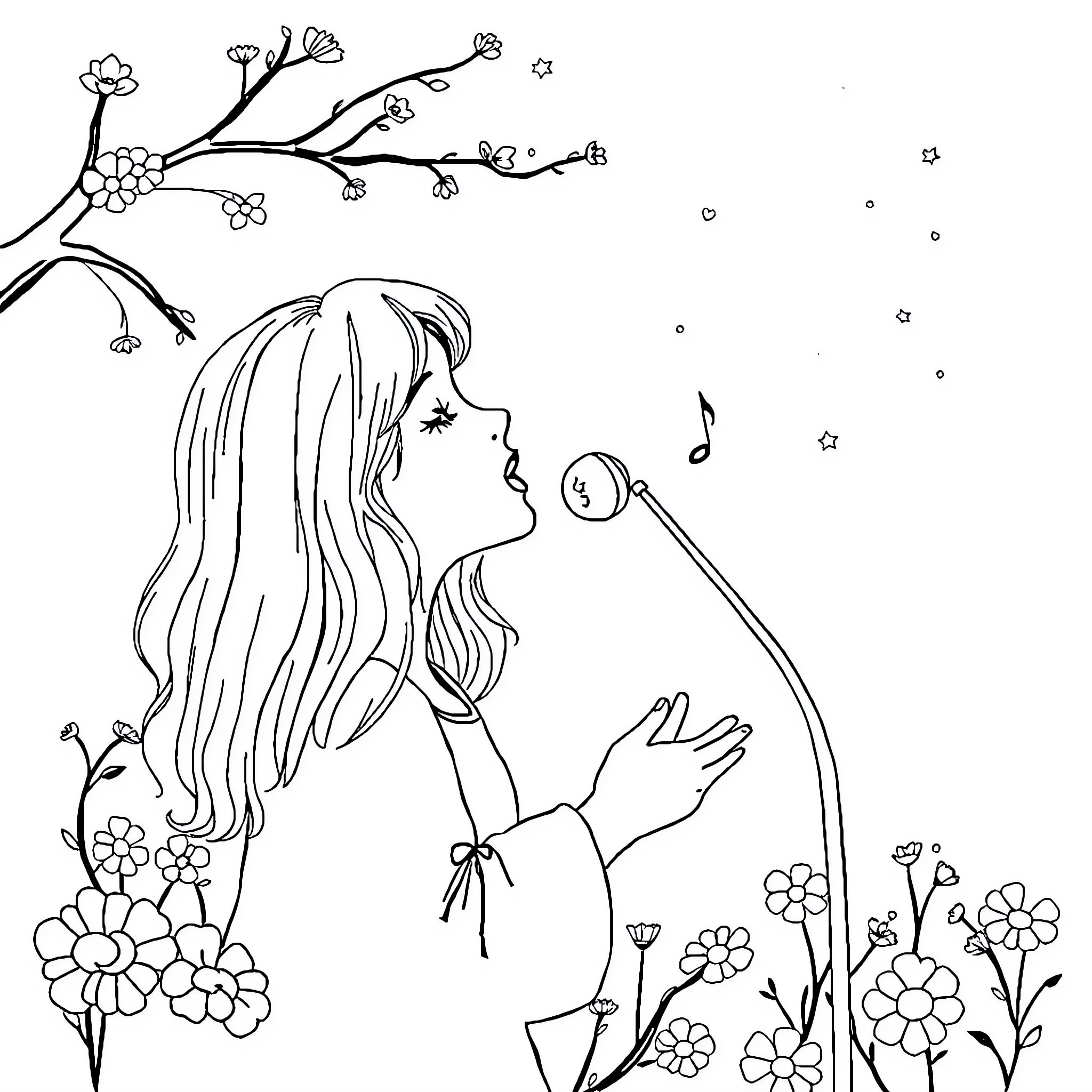 Horse-like Creature Singing Under Blooming Flowers Coloring Page (free black-and-white line drawing printable PDF for all, from beginners to advanced learners, including children, teens, adults, and seniors)