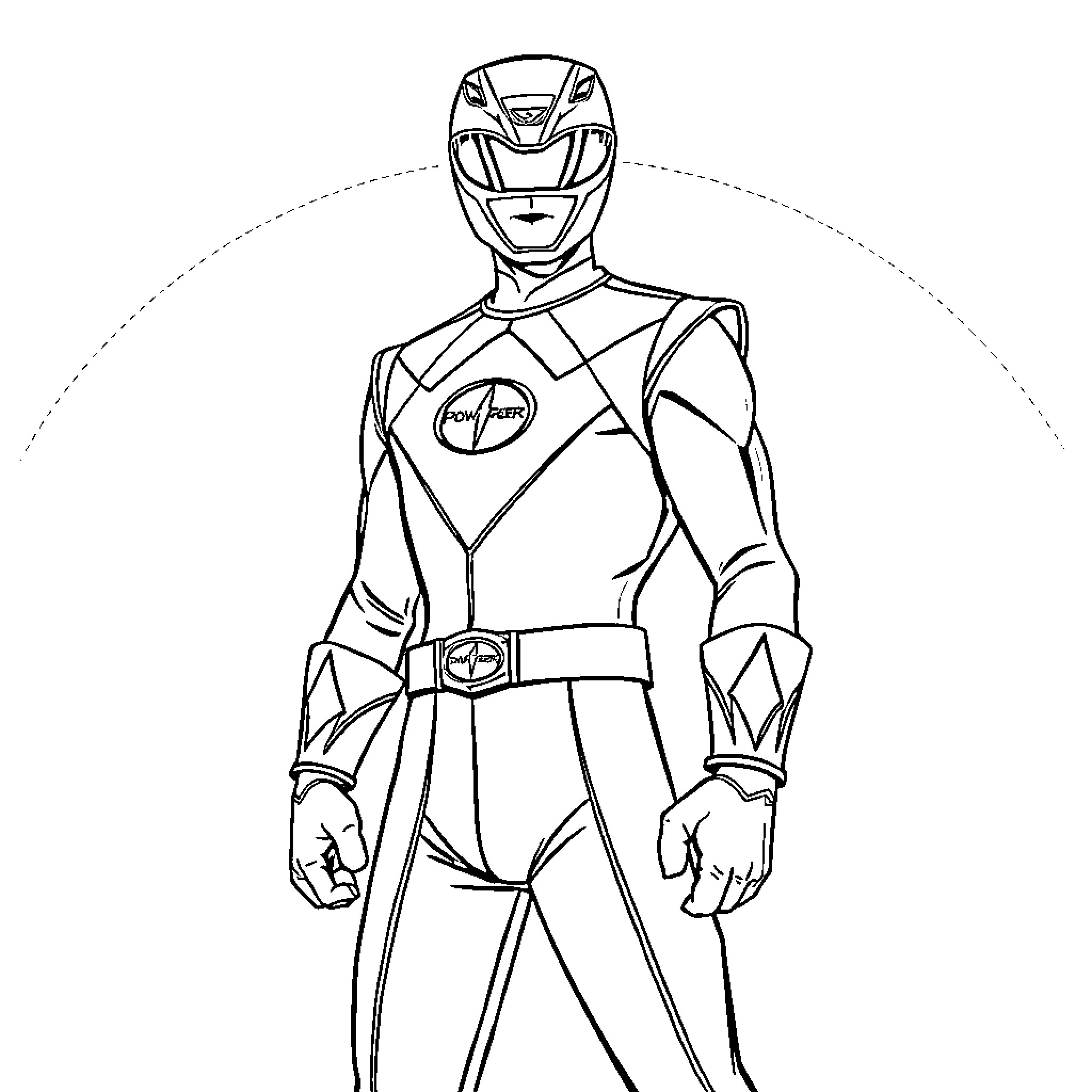 Power Ranger heroically stands ready for action Coloring Page (free black-and-white line drawing printable PDF for all, from beginners to advanced learners, including children, teens, adults, and seniors)
