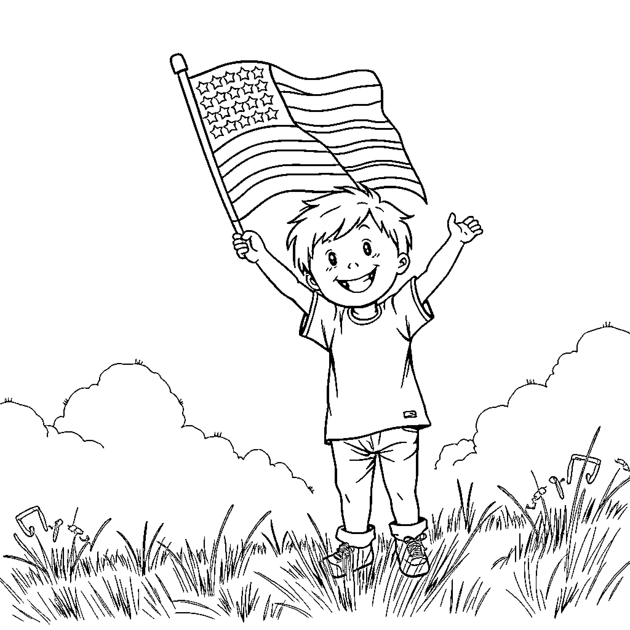 Child joyfully waving American flag Coloring Page (free black-and-white line drawing printable PDF for all, from beginners to advanced learners, including children, teens, adults, and seniors)